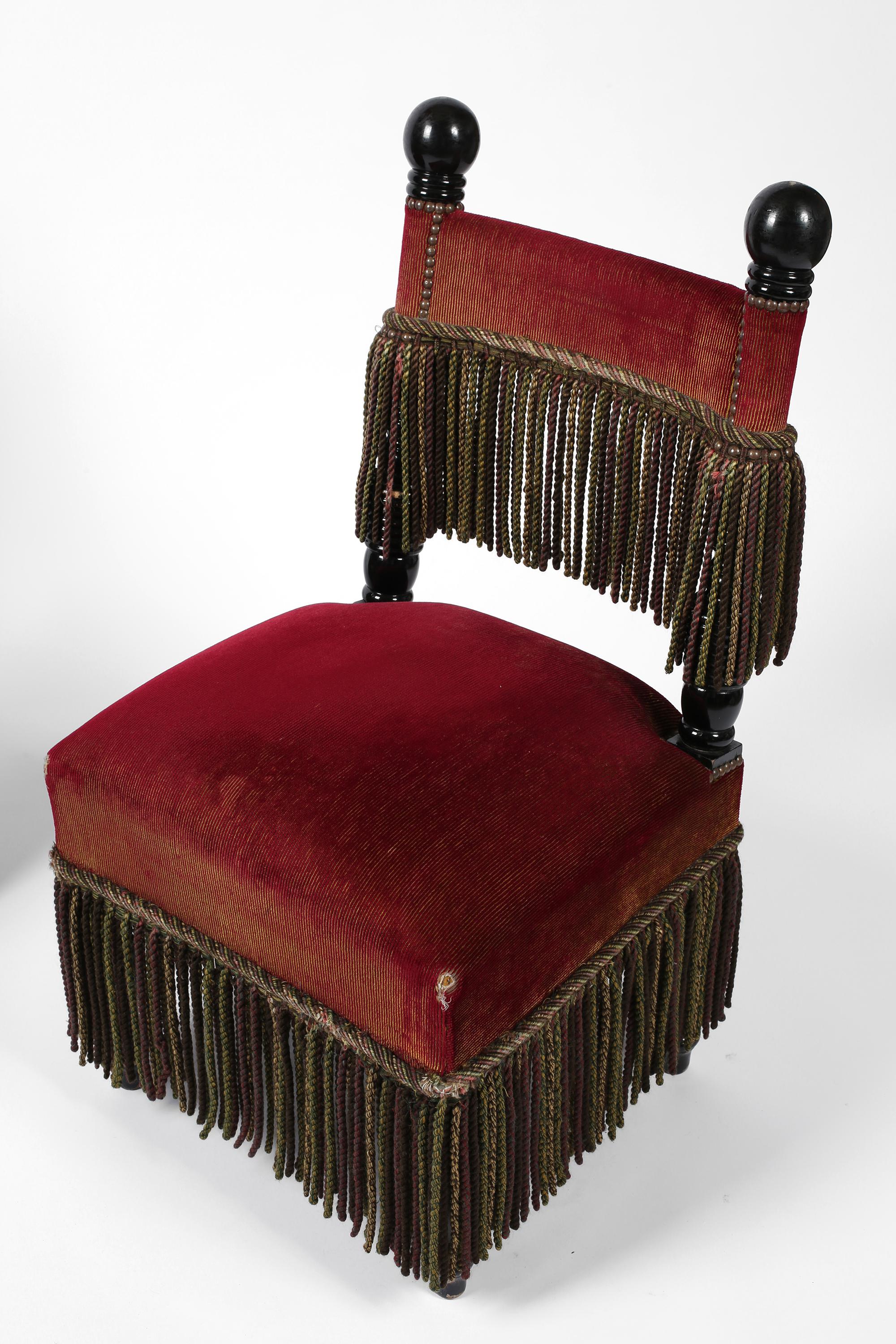 20th Century French Fringed Ruby Red Velvet Black Lacquered Occasional Chairs For Sale