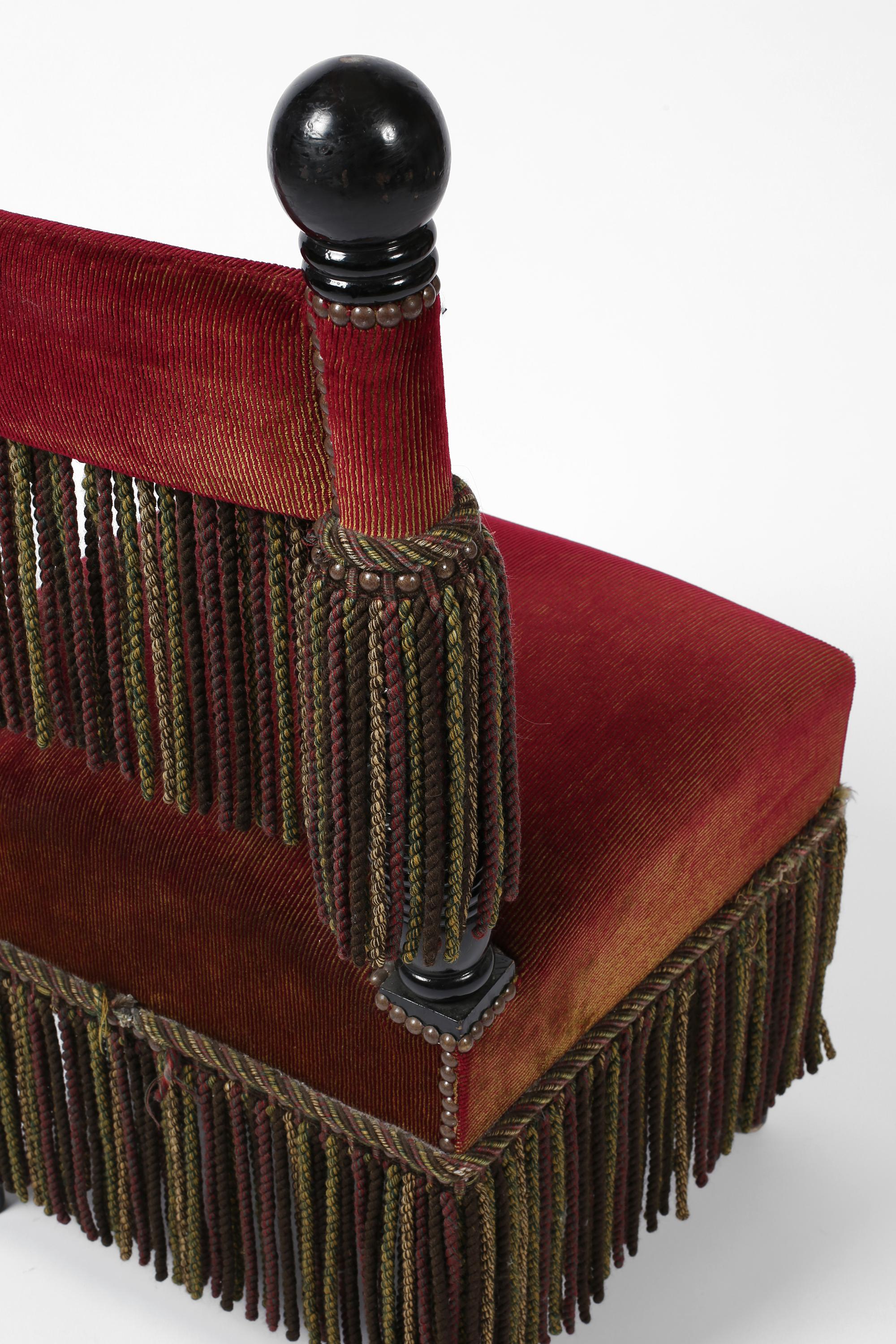 French Fringed Ruby Red Velvet Black Lacquered Occasional Chairs For Sale 1