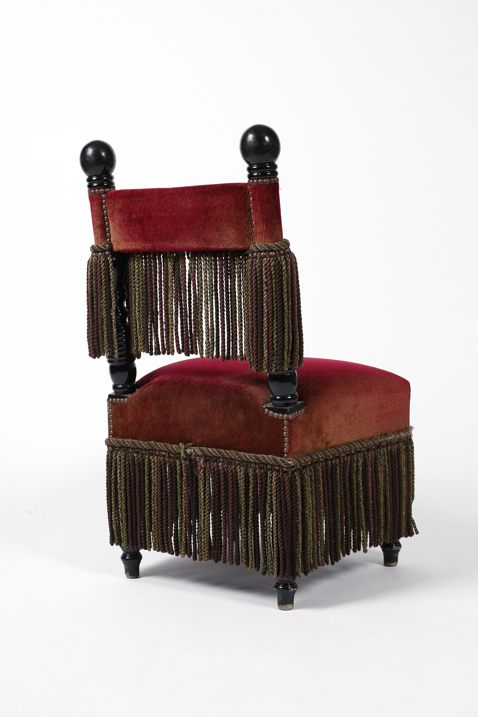 French Fringed Ruby Red Velvet Black Lacquered Occasional Chairs For Sale 2