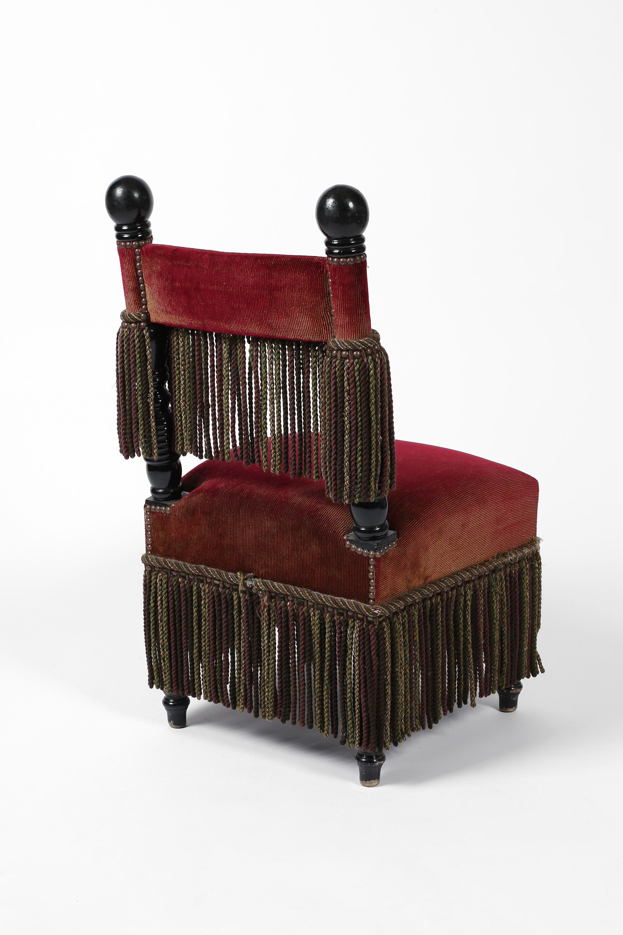 French Fringed Ruby Red Velvet Black Lacquered Occasional Chairs For Sale 3