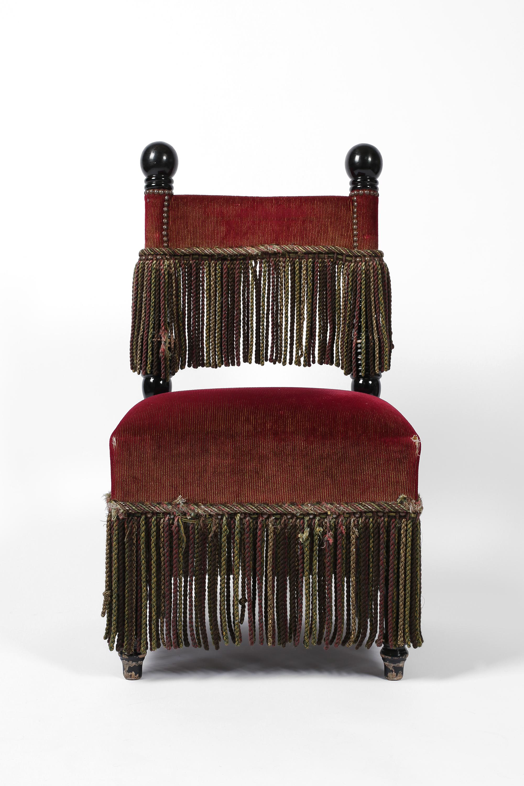 French Fringed Ruby Red Velvet Black Lacquered Occasional Chairs For Sale 5