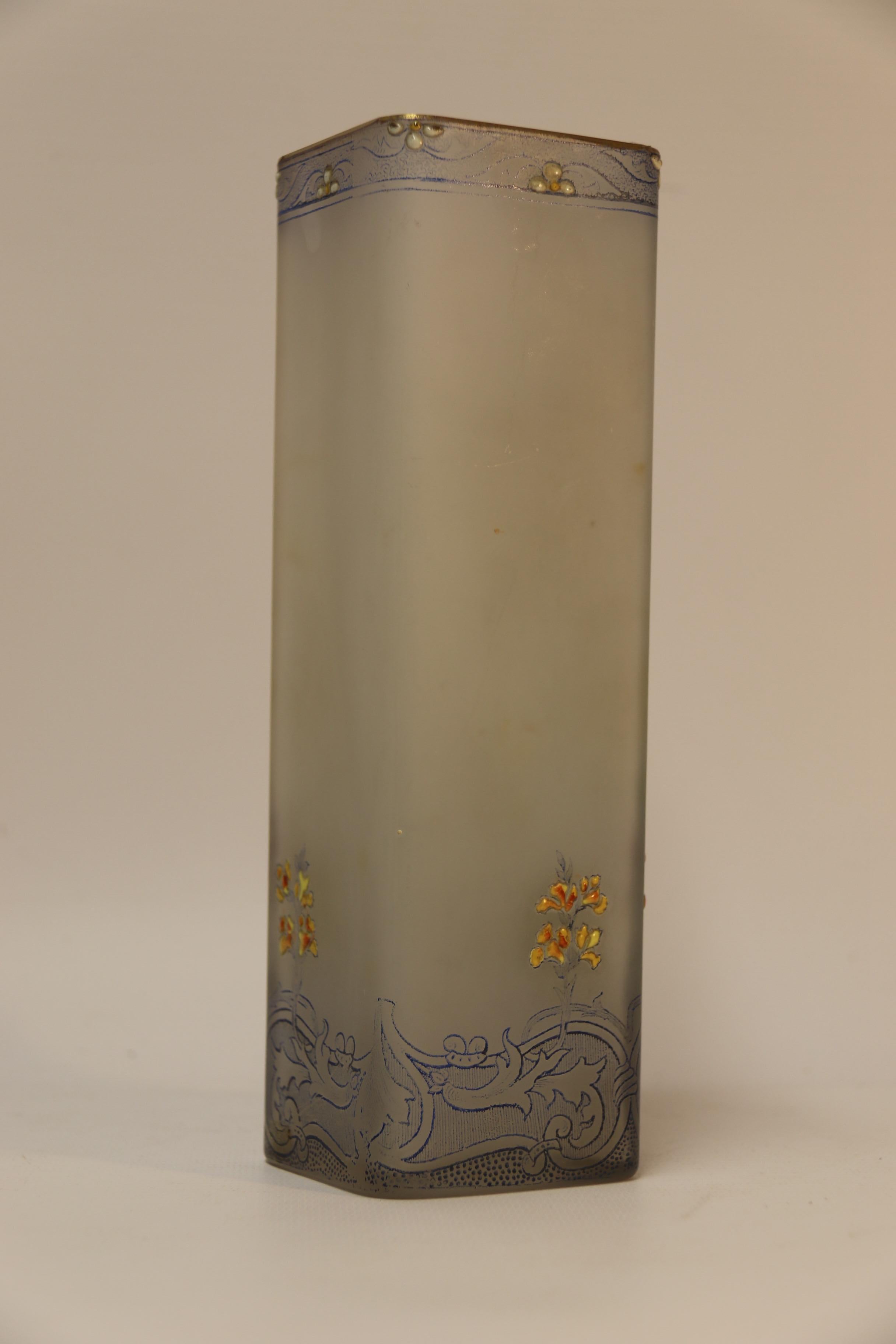 Early 20th Century French Frosted and Clear Glass Vase with Enameled Flowers, circa 1900 For Sale