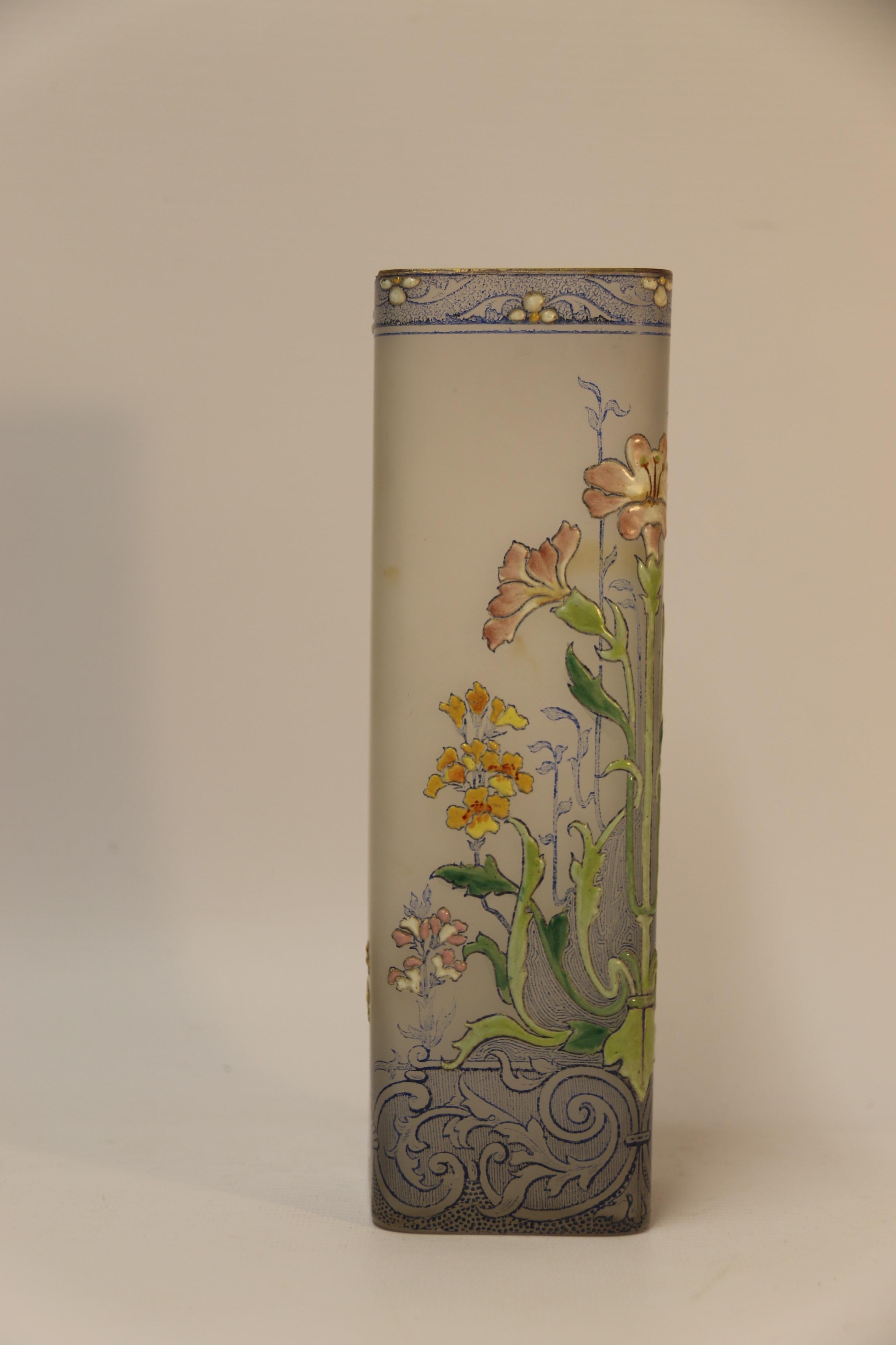 French Frosted and Clear Glass Vase with Enameled Flowers, circa 1900 For Sale 1