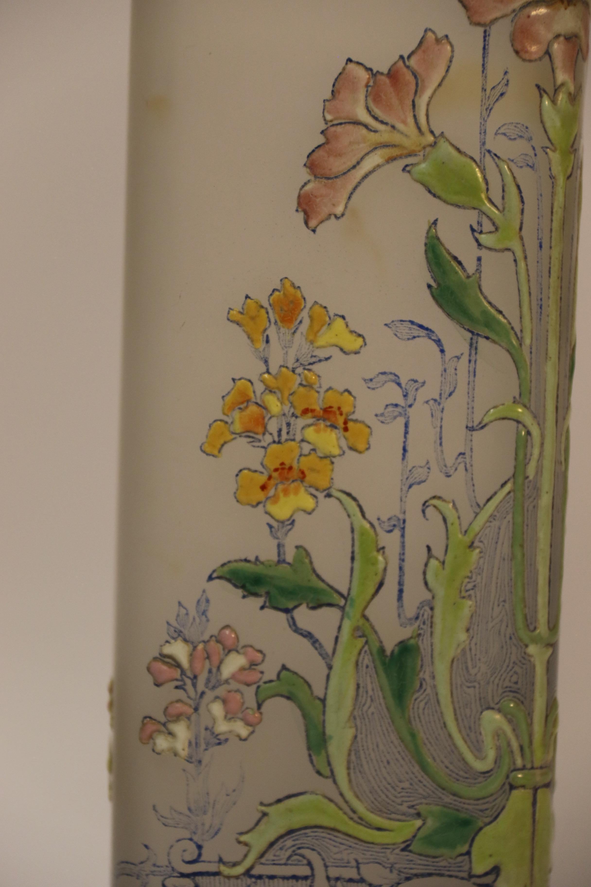 French Frosted and Clear Glass Vase with Enameled Flowers, circa 1900 For Sale 2