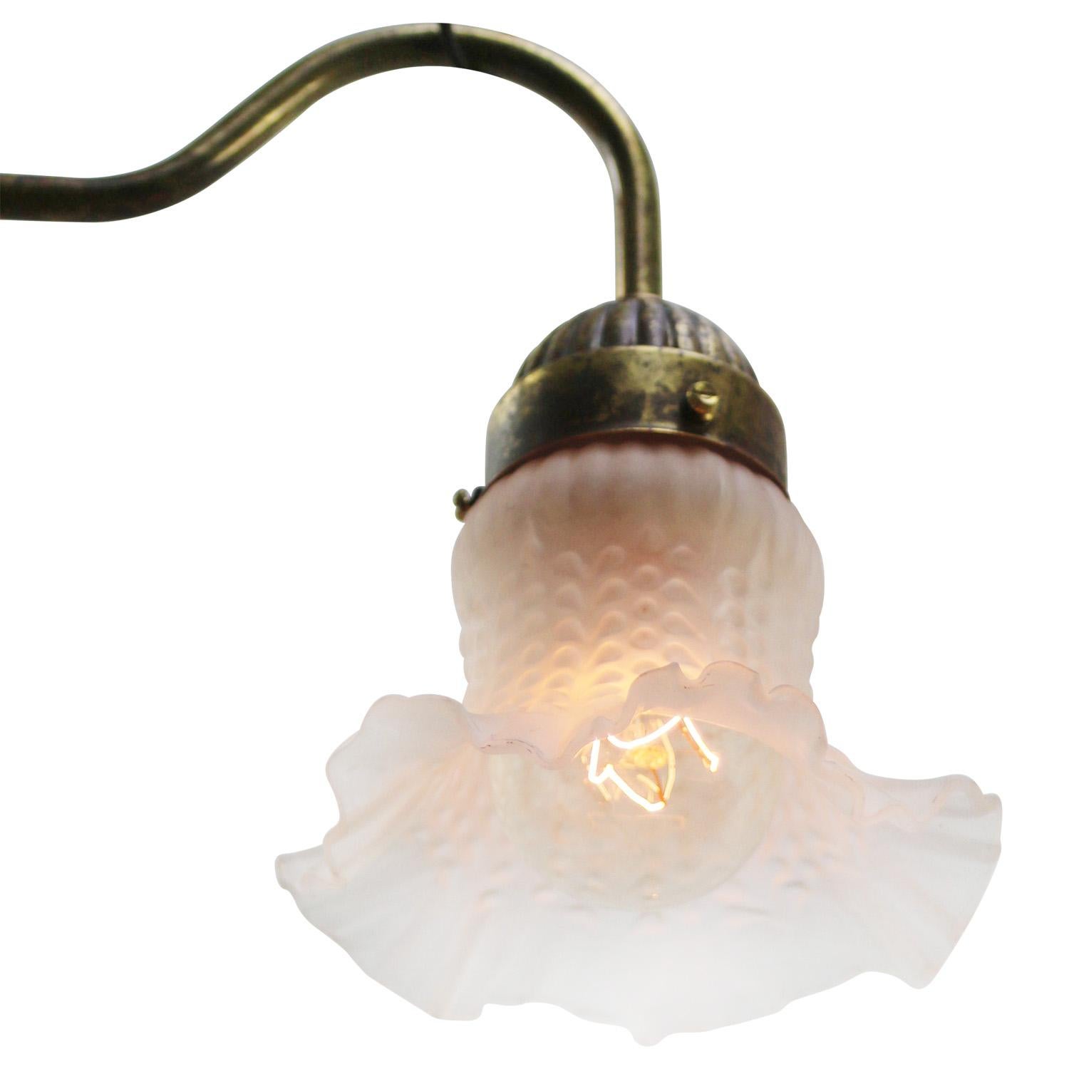 Art Nouveau French Frosted Glass Brass Flower Scone Wall Lamp For Sale