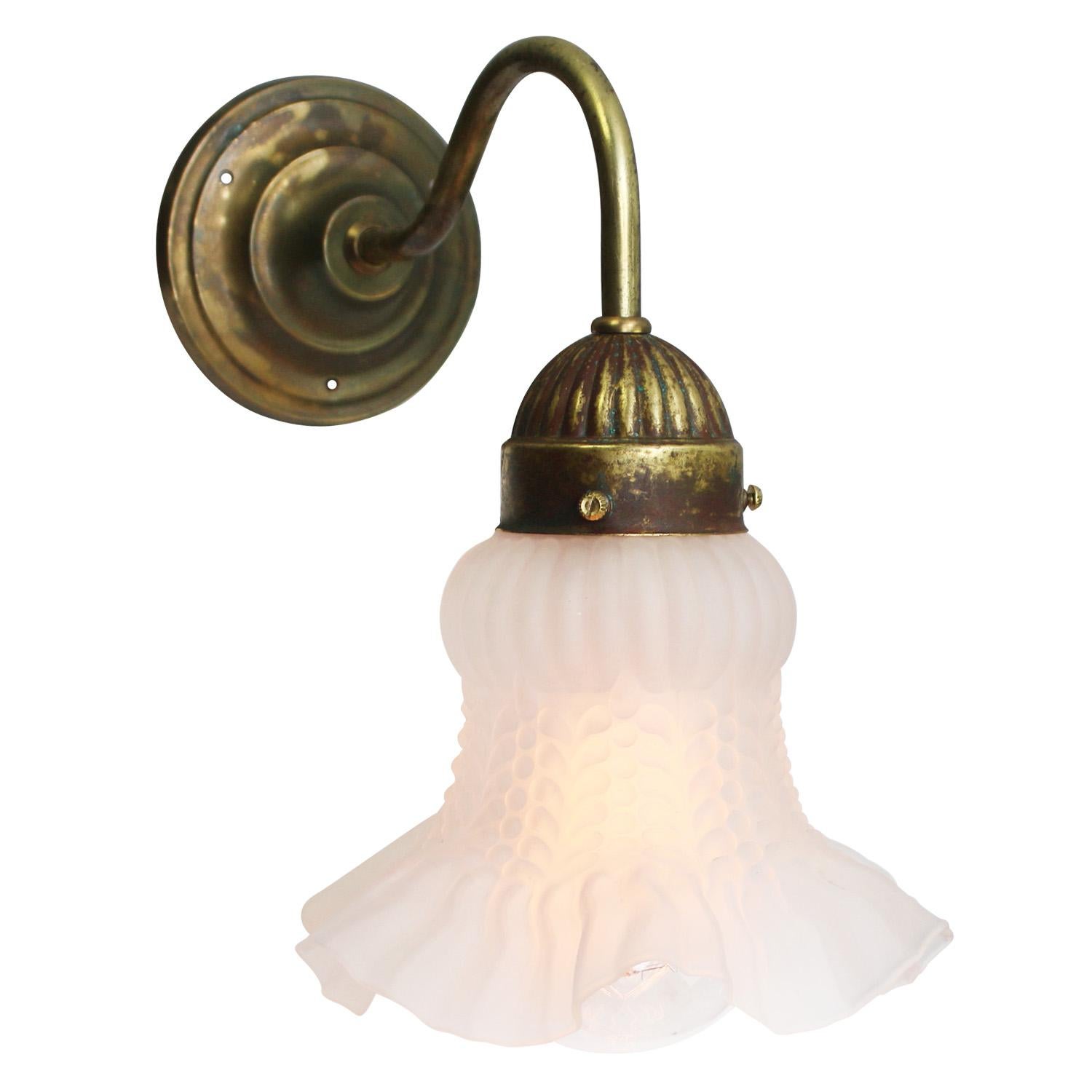 Art Nouveau French Frosted Glass Brass Flower Sconces Wall Lamps
