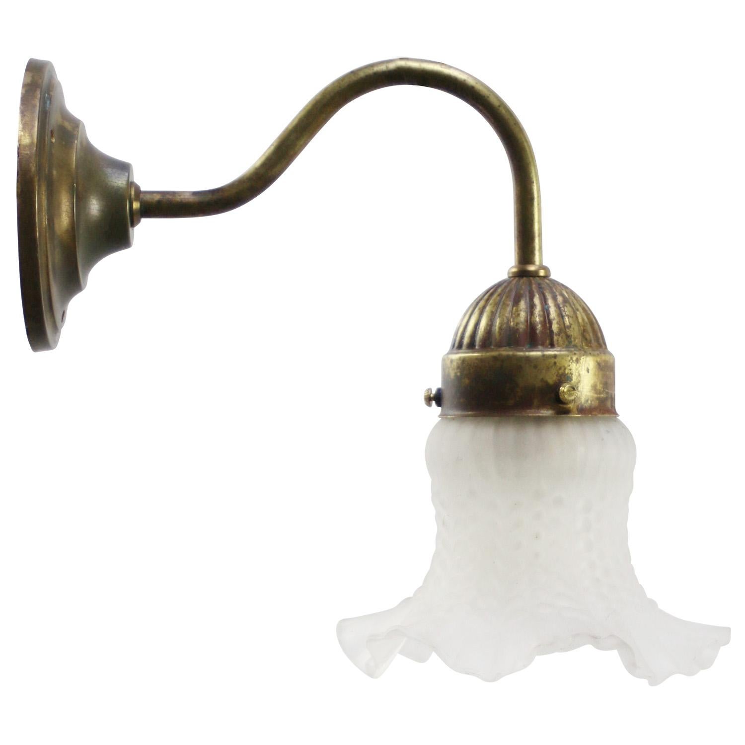 French Frosted Glass Brass Flower Scone Wall Lamp In Good Condition For Sale In Amsterdam, NL