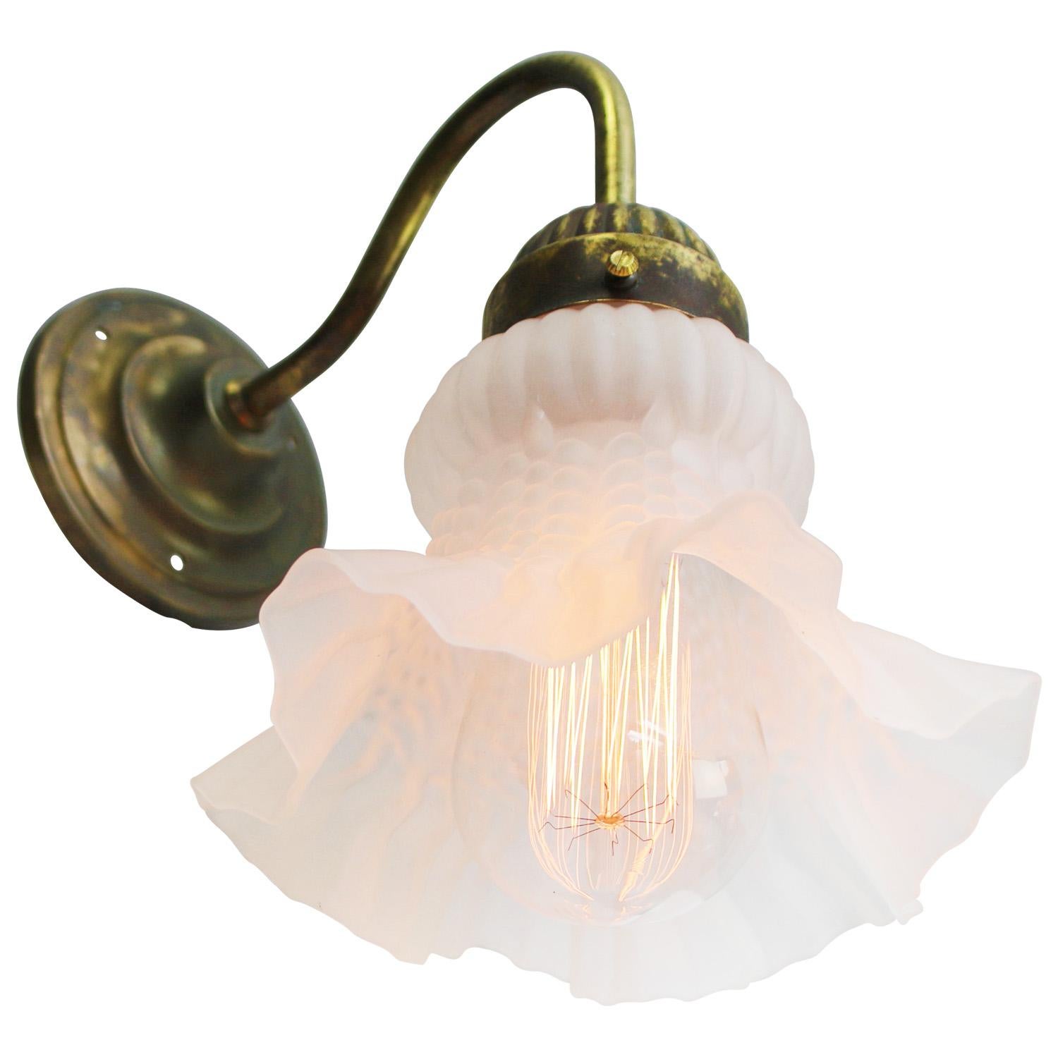 French Frosted Glass Brass Flower Sconces Wall Lamps In Good Condition In Amsterdam, NL