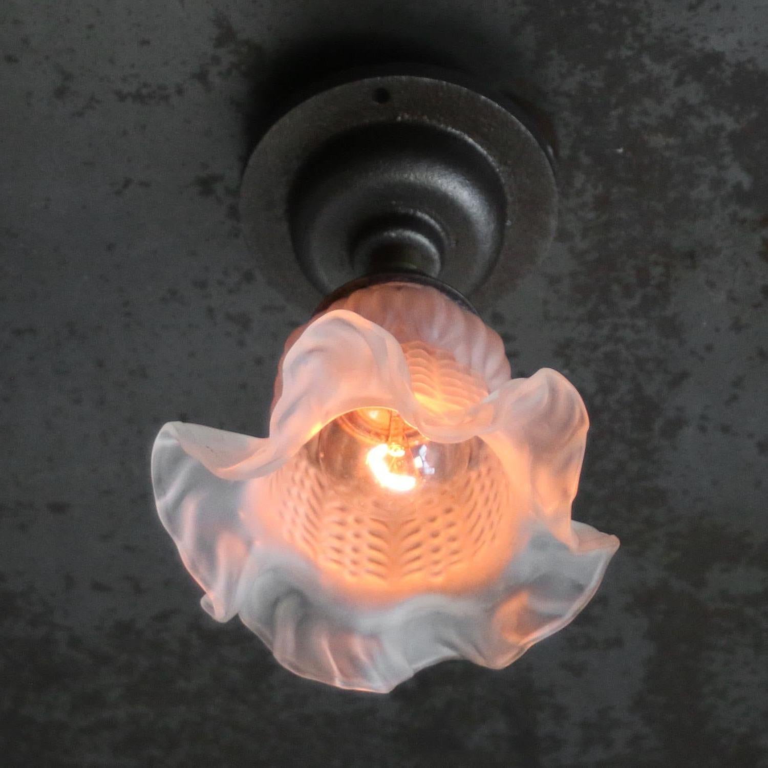 Art Nouveau Lampade da soffitto a incasso in ottone con vetro smerigliato francese e ghisa in vendita