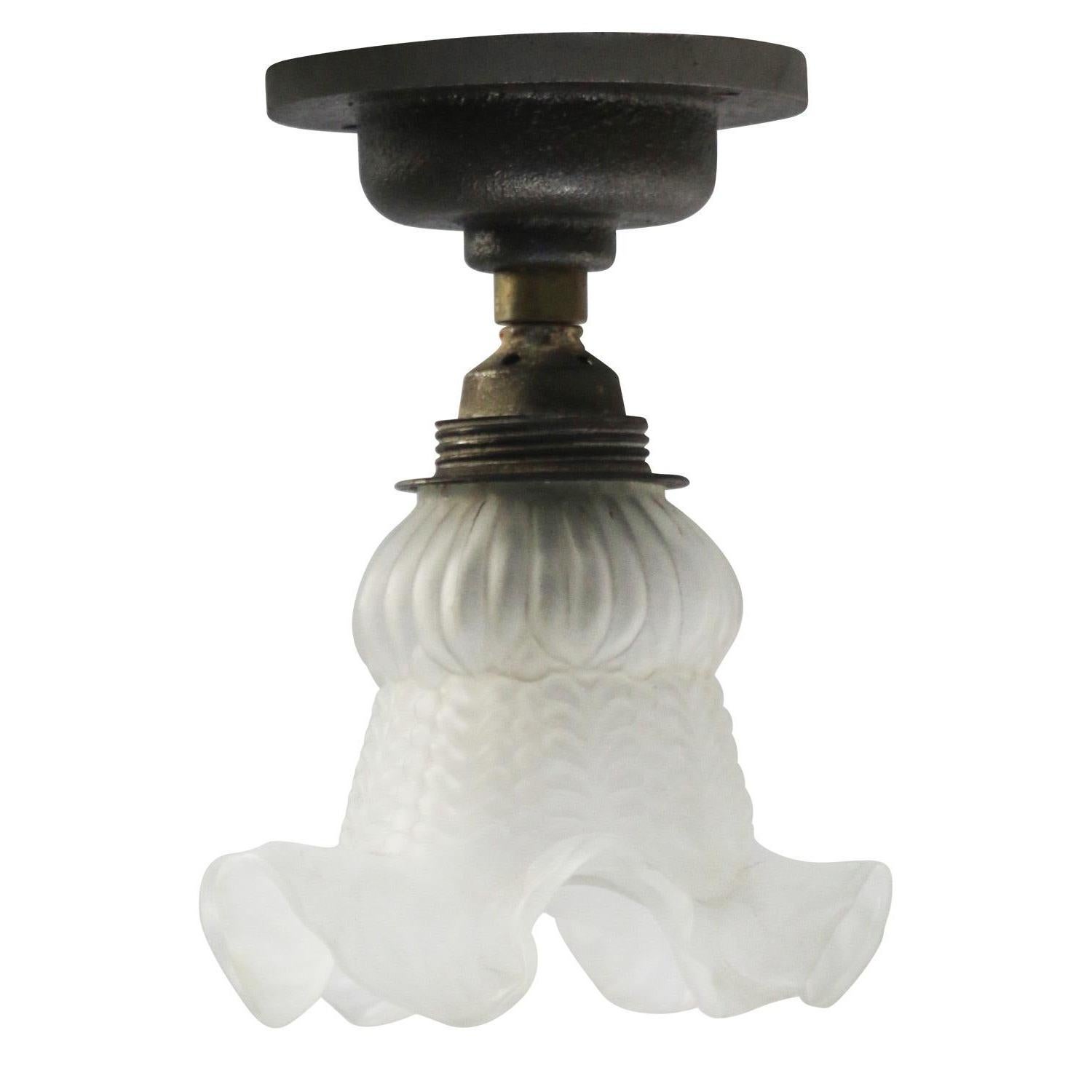 Francese Lampade da soffitto a incasso in ottone con vetro smerigliato francese e ghisa in vendita