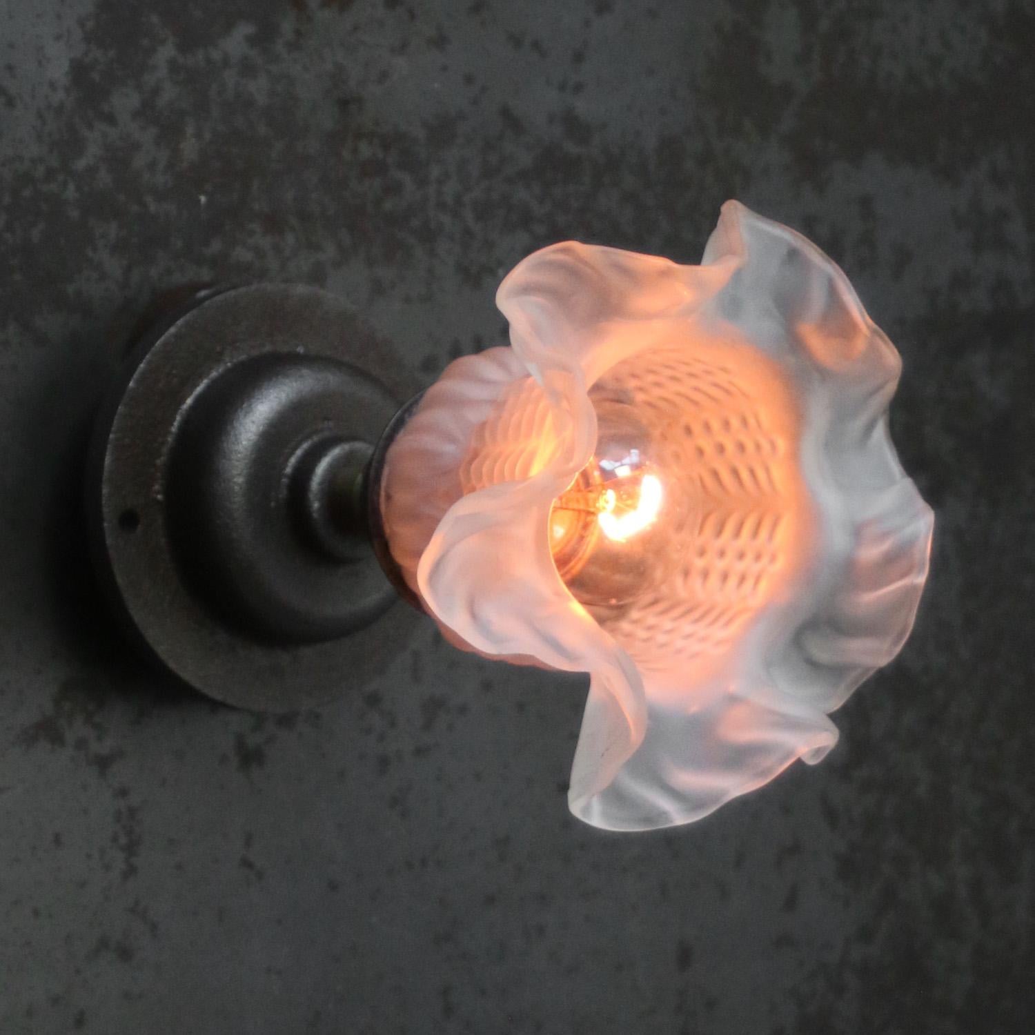 Glass sconce / flush mount
metal E27 / E26 bulb holder with frosted glass shade

cast iron wall mount diameter 10.5 cm / 4”

Weight: 1.20 kg / 2.6 lb

Priced per individual item. All lamps have been made suitable by international standards for