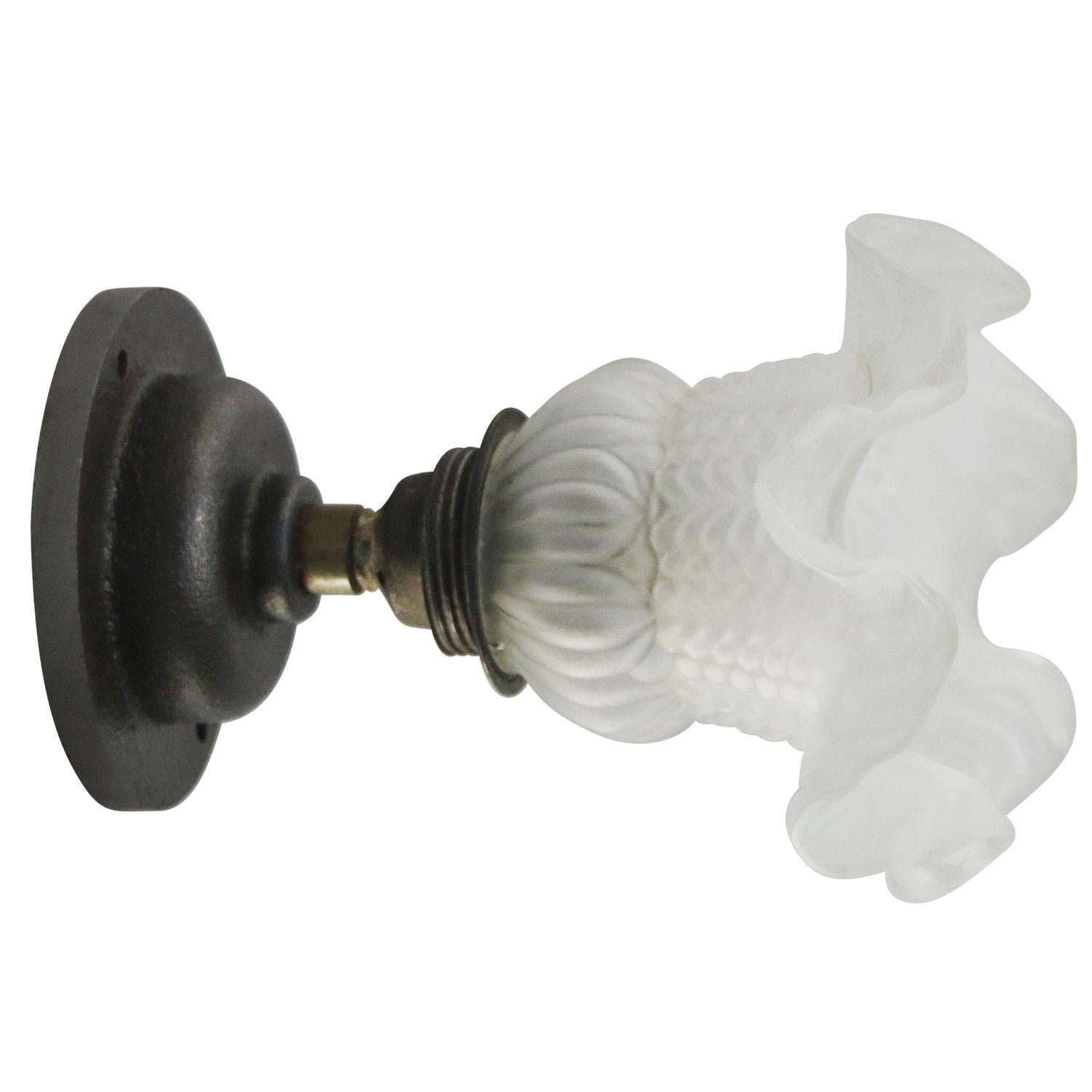 20th Century French Frosted Glass Cast Iron Brass Sconces Wall Lamps For Sale