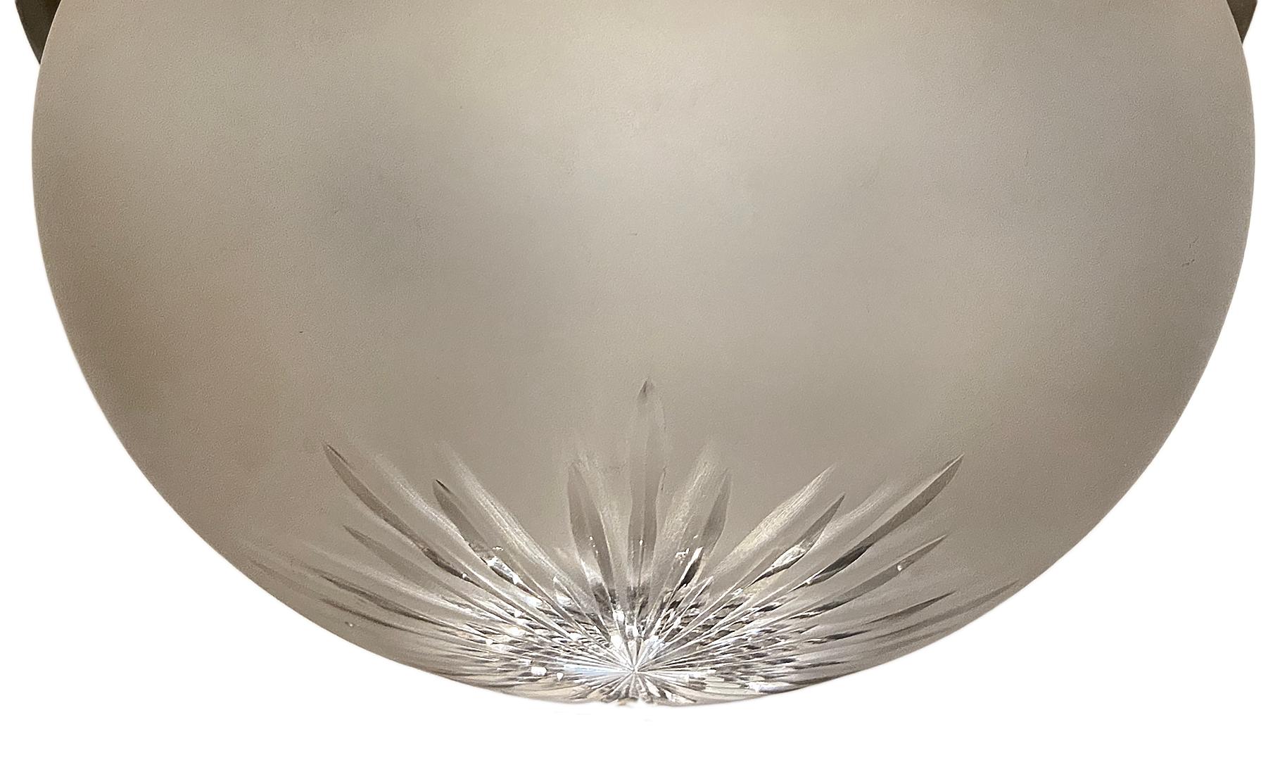 Patinated French Frosted Glass Flush-Mount Fixture For Sale