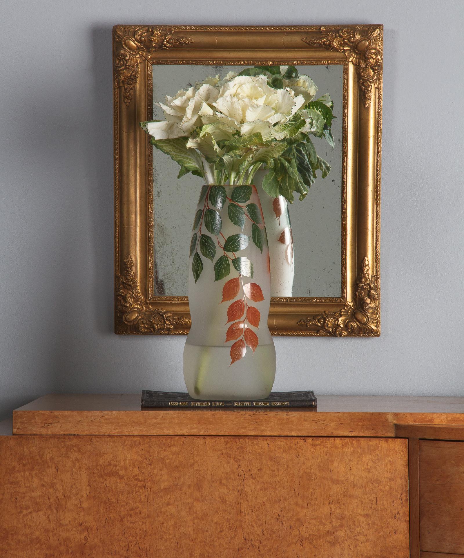 French Frosted Glass Vase with Hand Painted Foliage Motifs, 1900s For Sale 2
