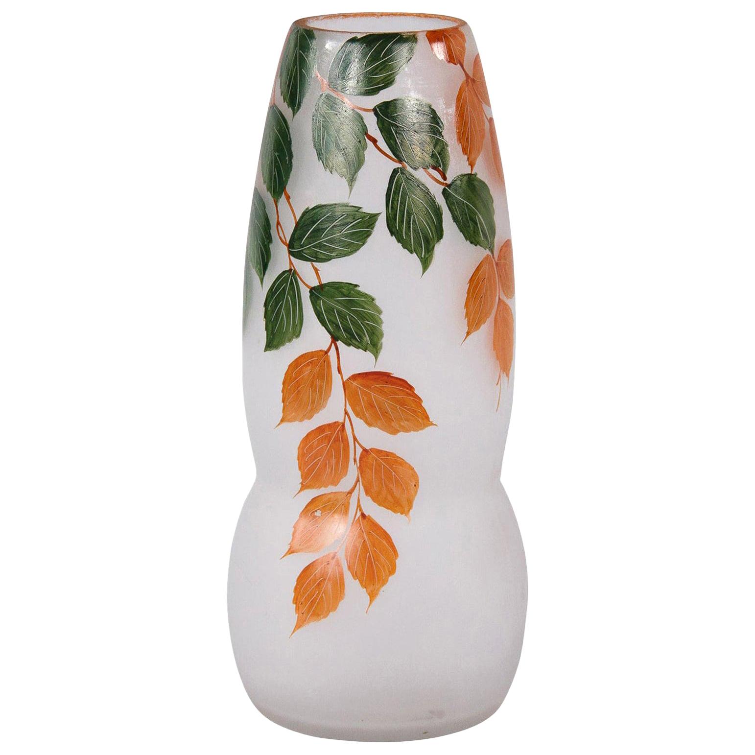 French Frosted Glass Vase with Hand Painted Foliage Motifs, 1900s For Sale