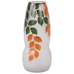 Antique French Frosted Glass Vase with Hand Painted Foliage Motifs, 1900s