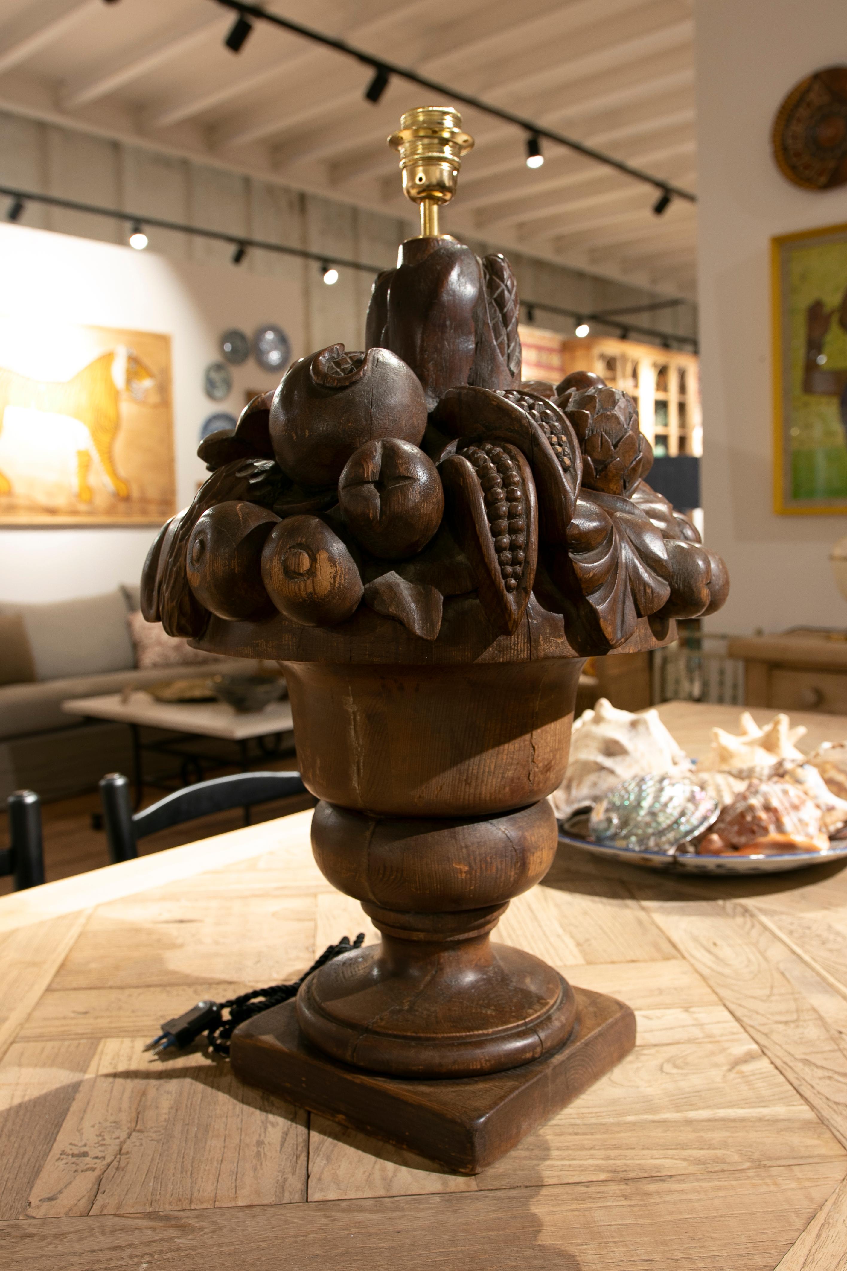 Hand-Carved French Fruit Bowl Table Lamp Carved in Wood