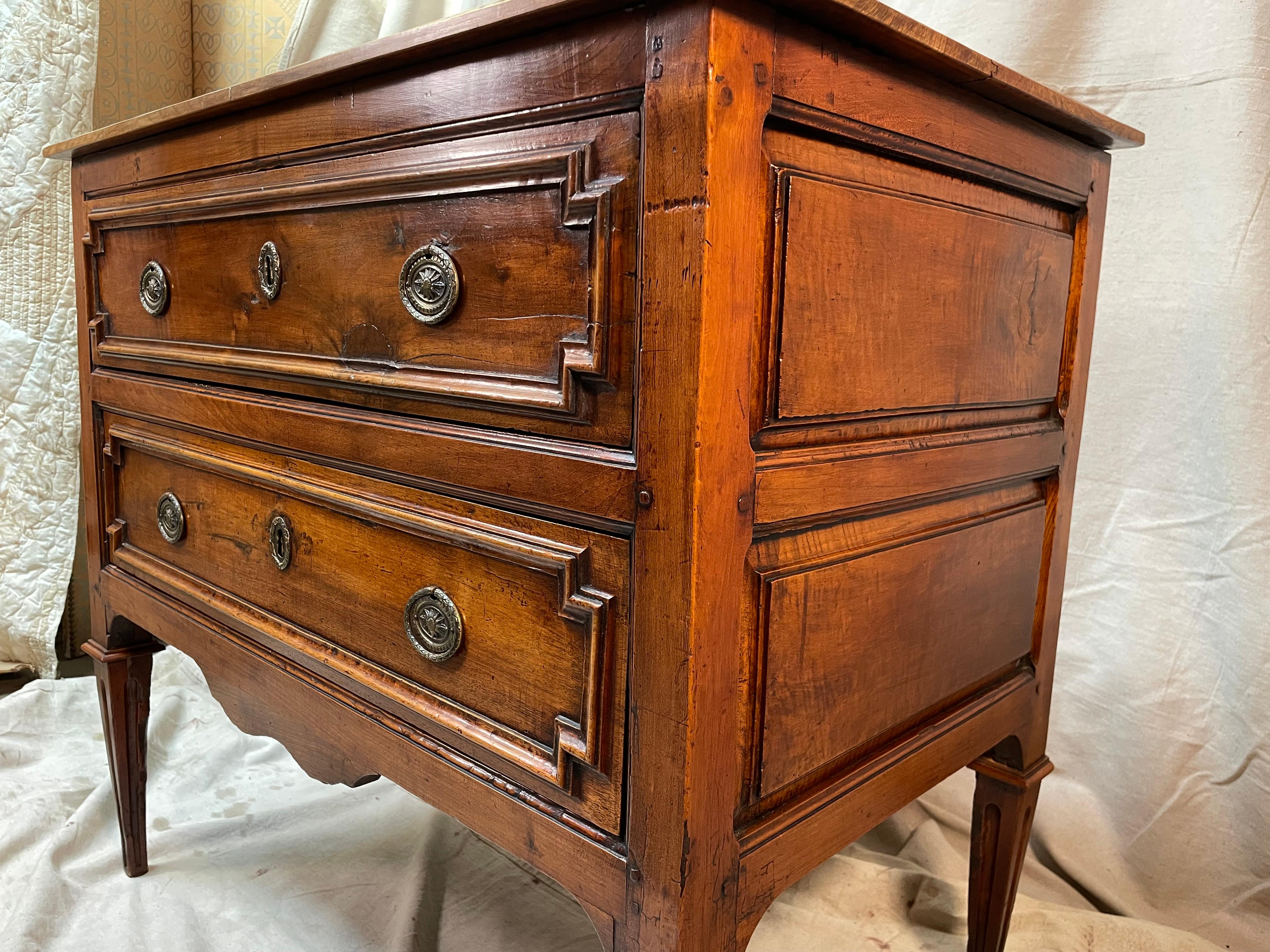 This beautiful French Neoclassical chest of drawers with spectacular dovetailed engravings has seen lifetimes pass it by. Made in a time when furniture was created to be seen as a luxurious art form; with a delicate touch, but strong roots for