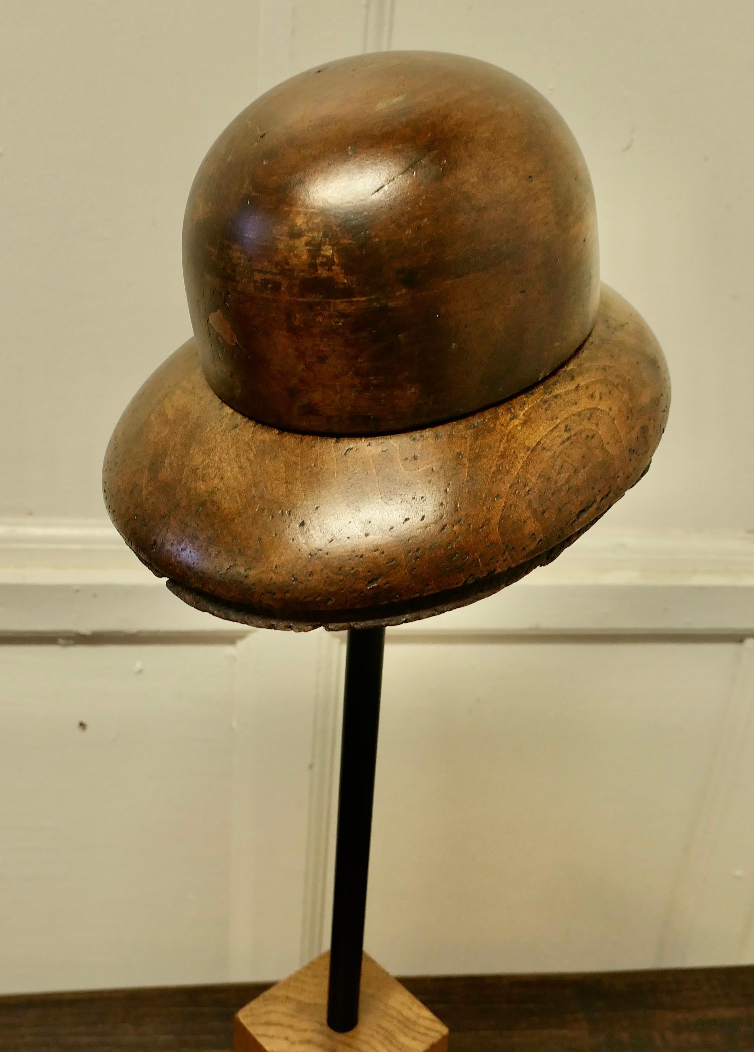 Art Deco French Fruit Wood Hat Display Stand  This is a form for a 1920s Deep Brim Cloche For Sale