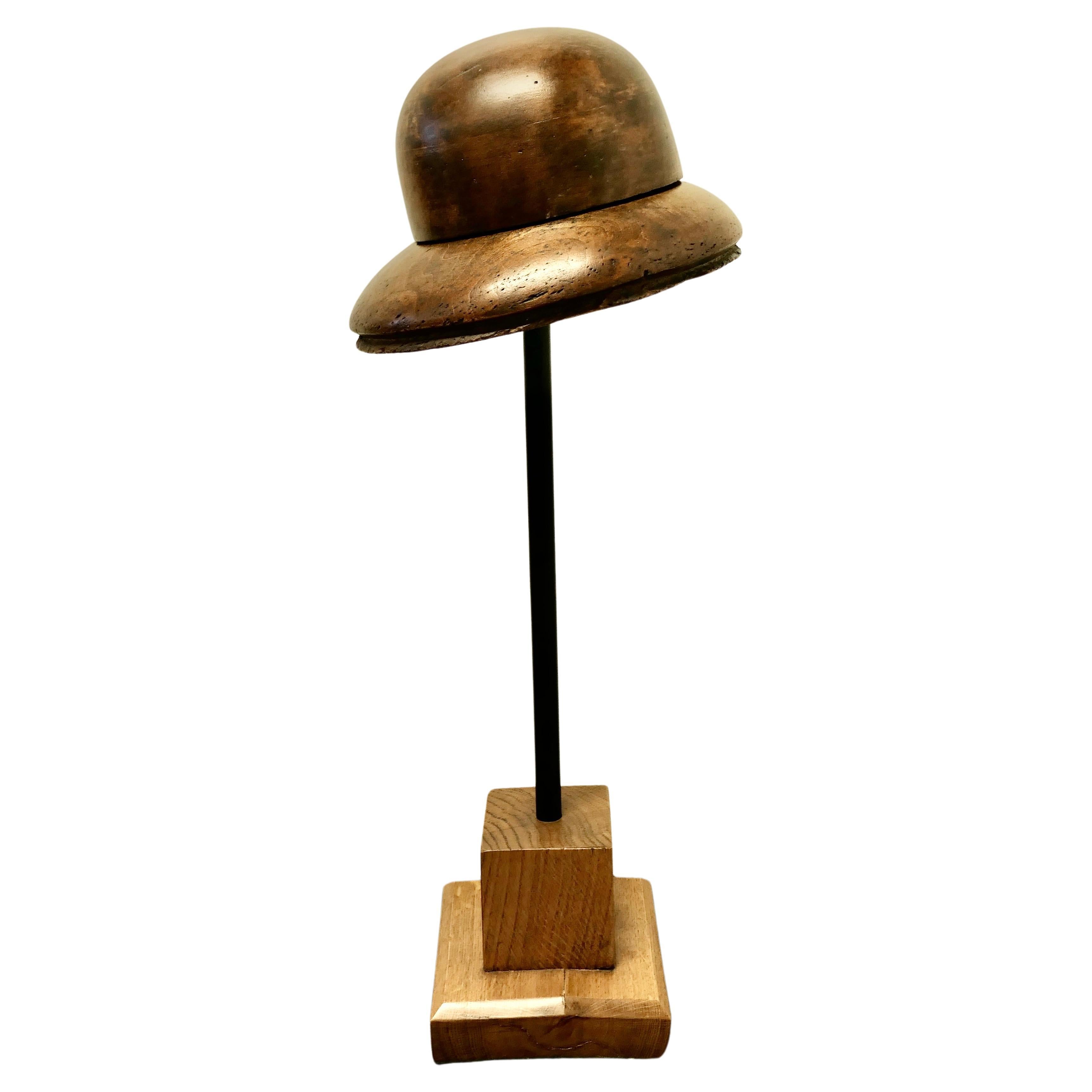 French Fruit Wood Hat Display Stand  This is a form for a 1920s Deep Brim Cloche For Sale