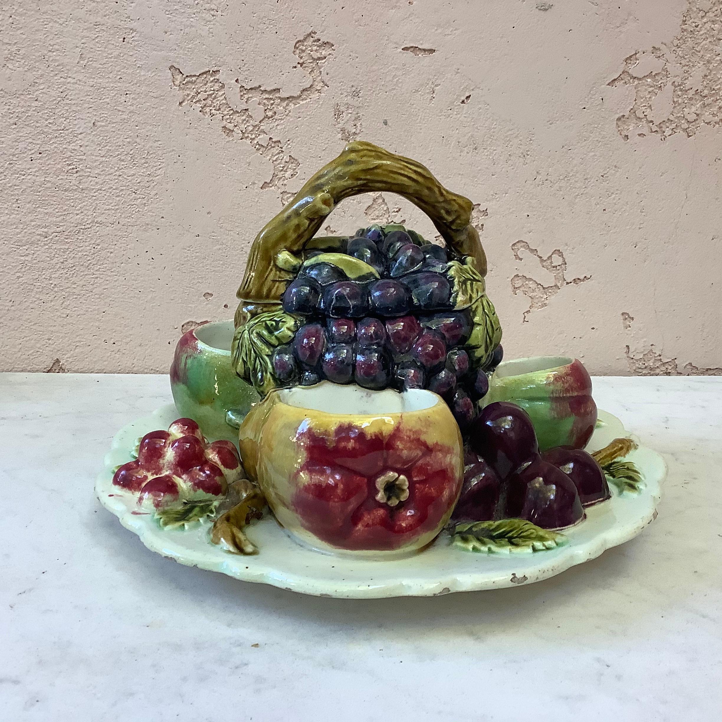 Large French fruits trompe l'oeil lidded server, circa 1880.
Grapes, plums, nuts, pears and apple.
North of France maybe Orchies.