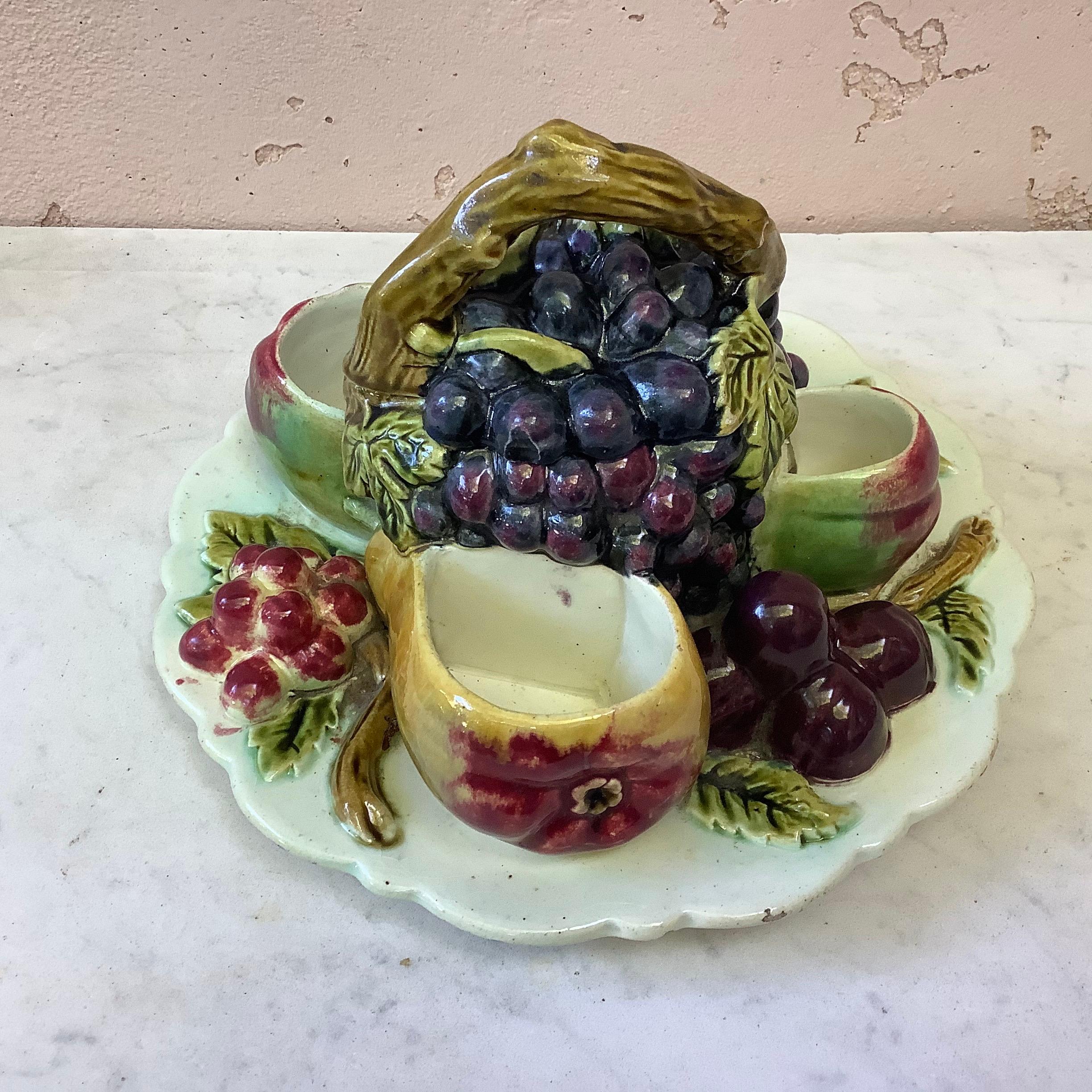 French Majolica Trompe L'Oeil Server With Fruits, circa 1880 In Good Condition For Sale In Austin, TX