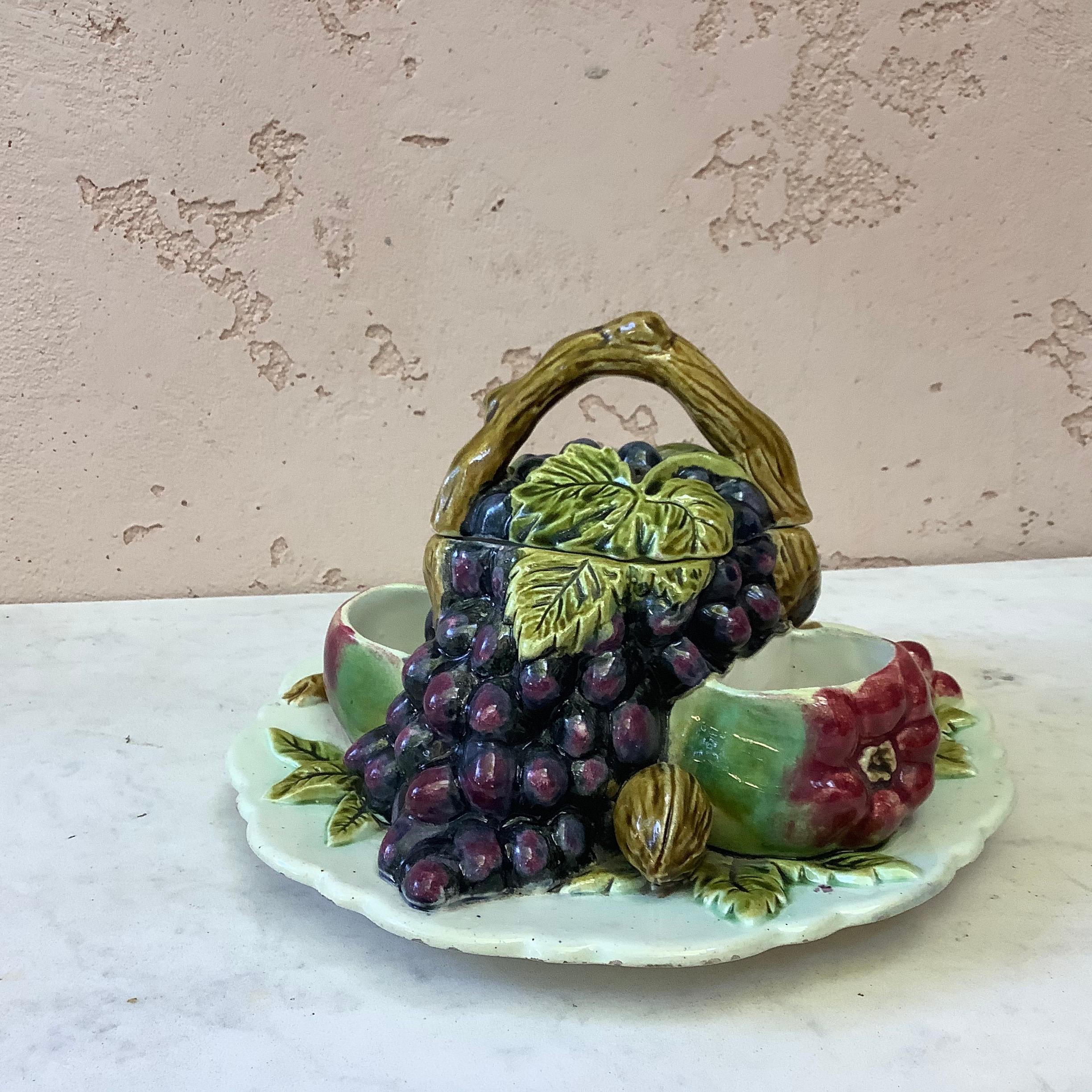 Late 19th Century French Majolica Trompe L'Oeil Server With Fruits, circa 1880 For Sale