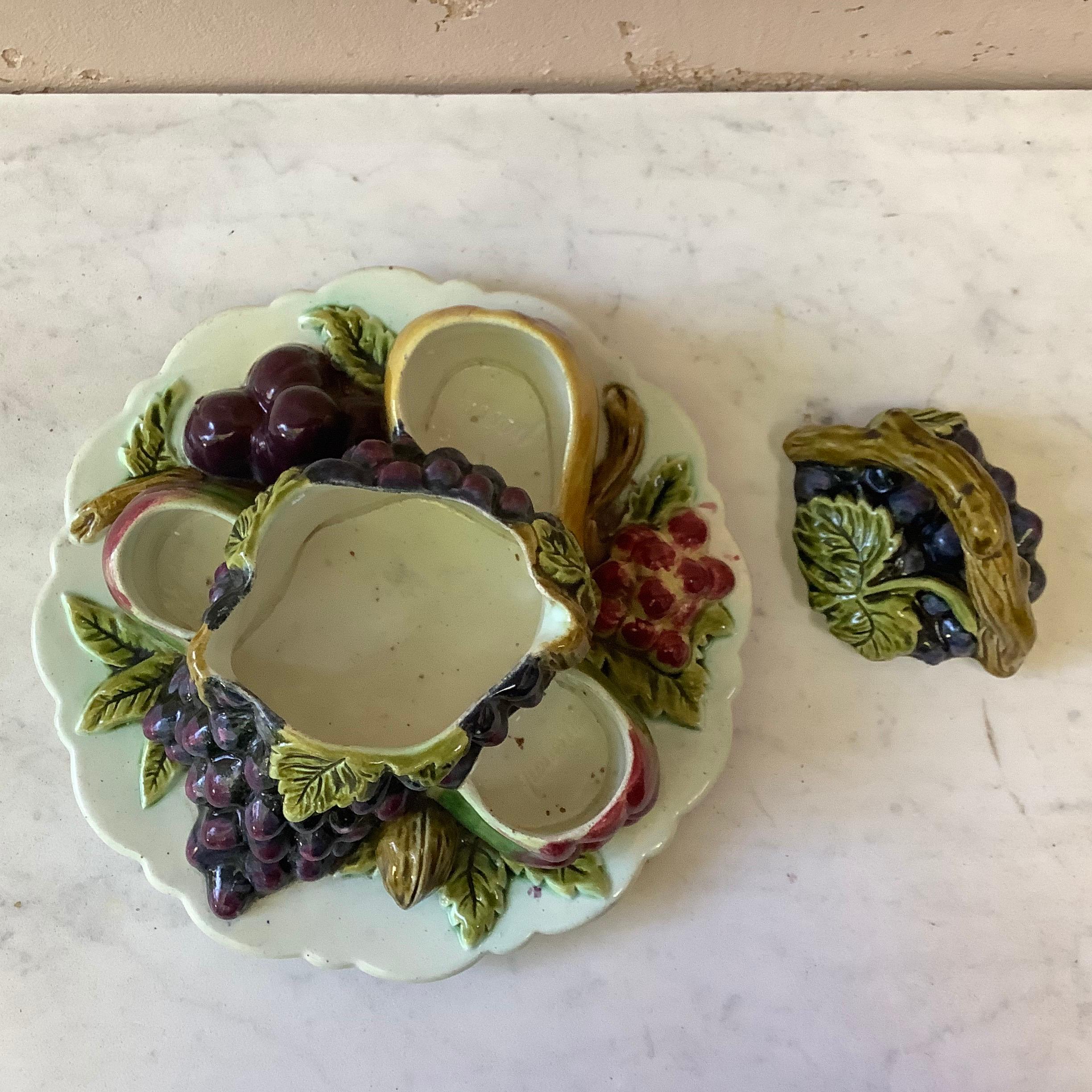 French Majolica Trompe L'Oeil Server With Fruits, circa 1880 For Sale 1