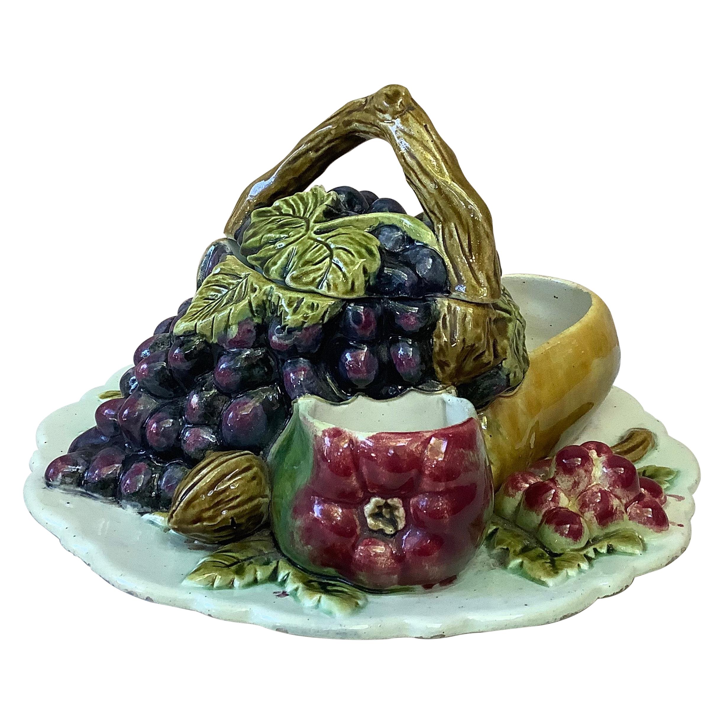 French Majolica Trompe L'Oeil Server With Fruits, circa 1880 For Sale