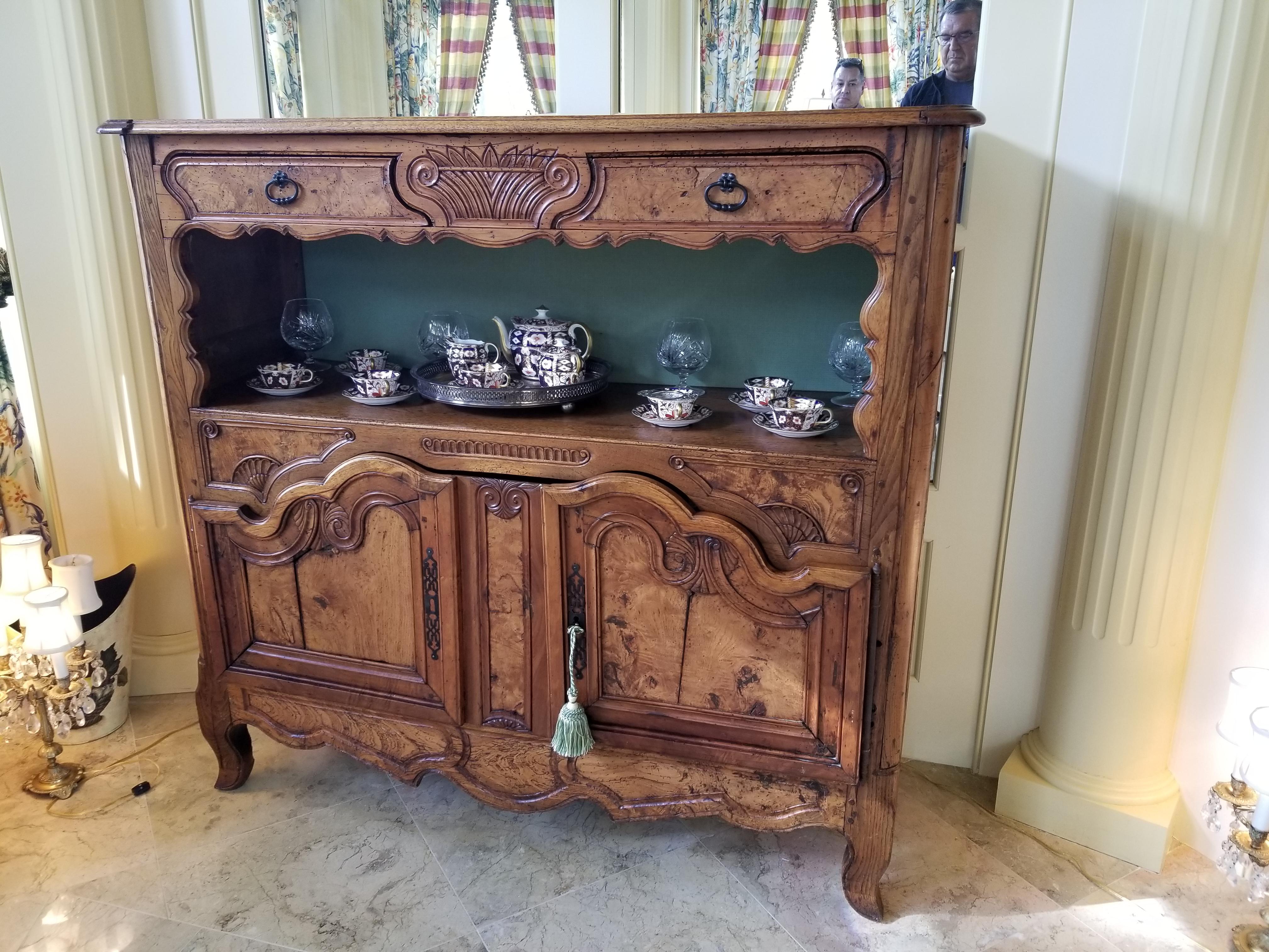 French fruitwood buffet or sideboard with two top drawers, open shelf in the middle over two doors, 19th century.
 