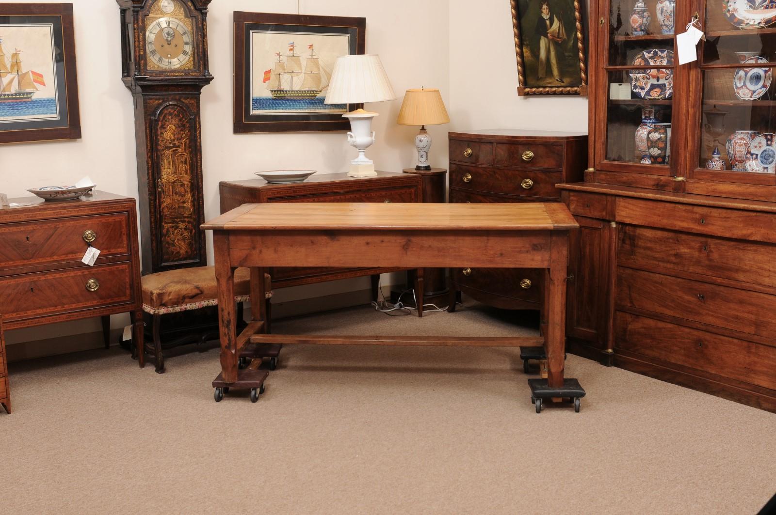French Fruitwood Farm Table with 3 Drawers and H-Form Stretcher For Sale 6