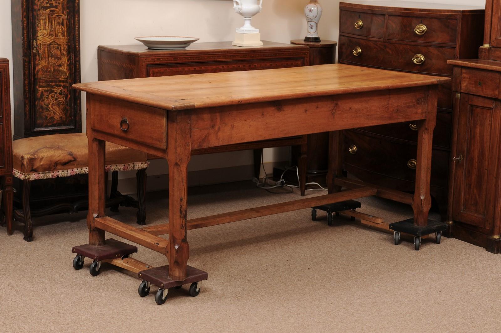 French Fruitwood Farm Table with 3 Drawers and H-Form Stretcher For Sale 7