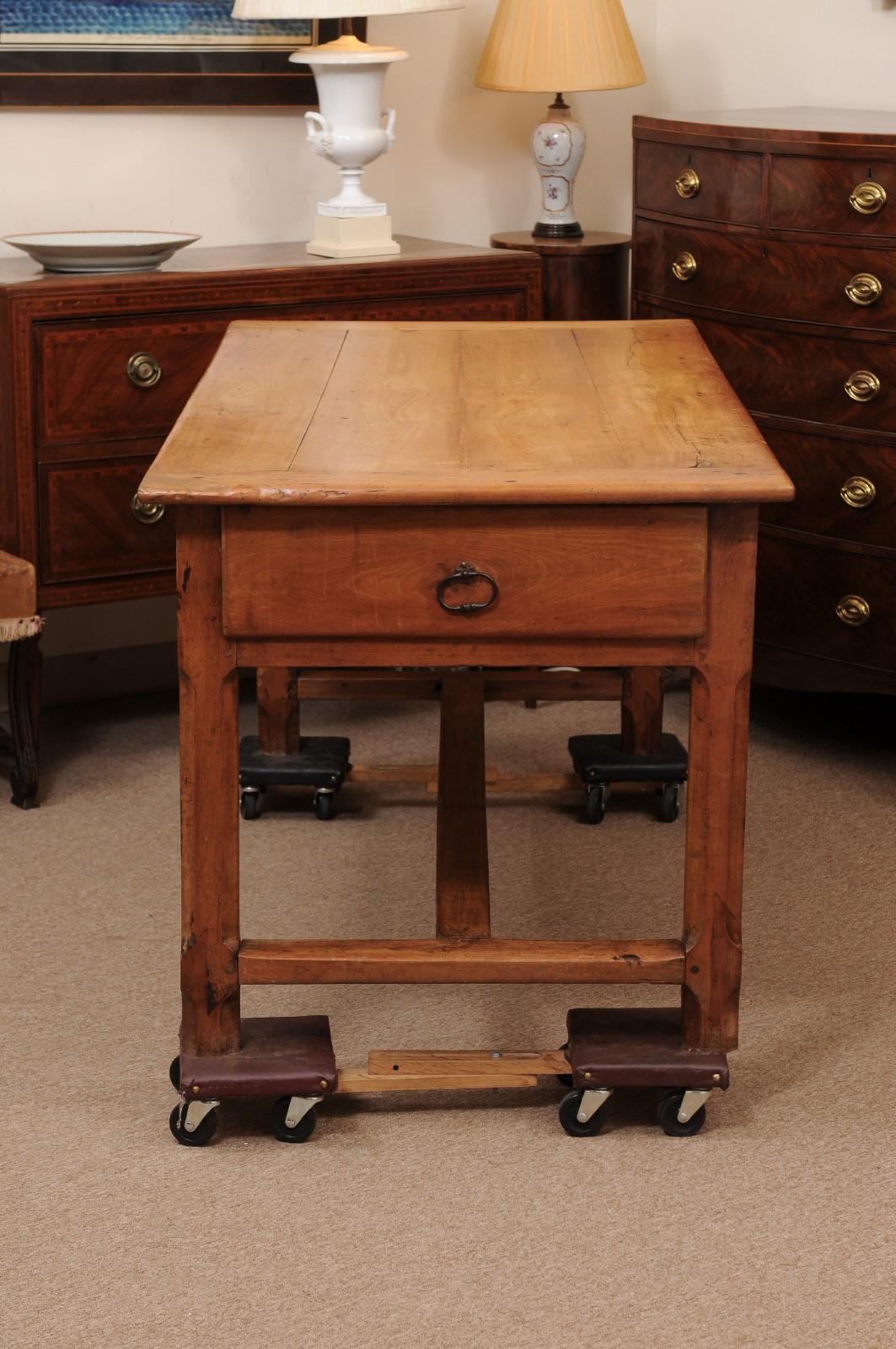 French Fruitwood Farm Table with 3 Drawers and H-Form Stretcher For Sale 8