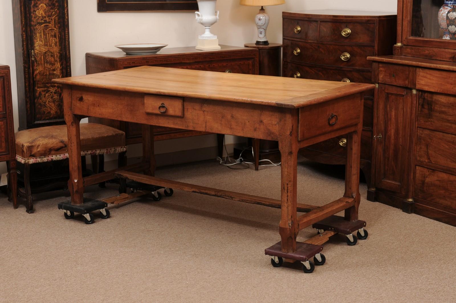 French Fruitwood Farm Table with 3 Drawers and H-Form Stretcher For Sale 9