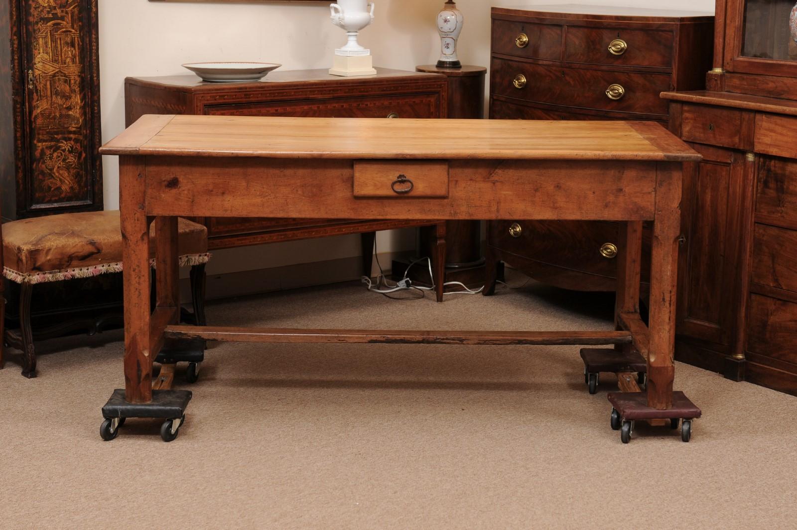 French Fruitwood Farm Table with 3 Drawers and H-Form Stretcher For Sale 10