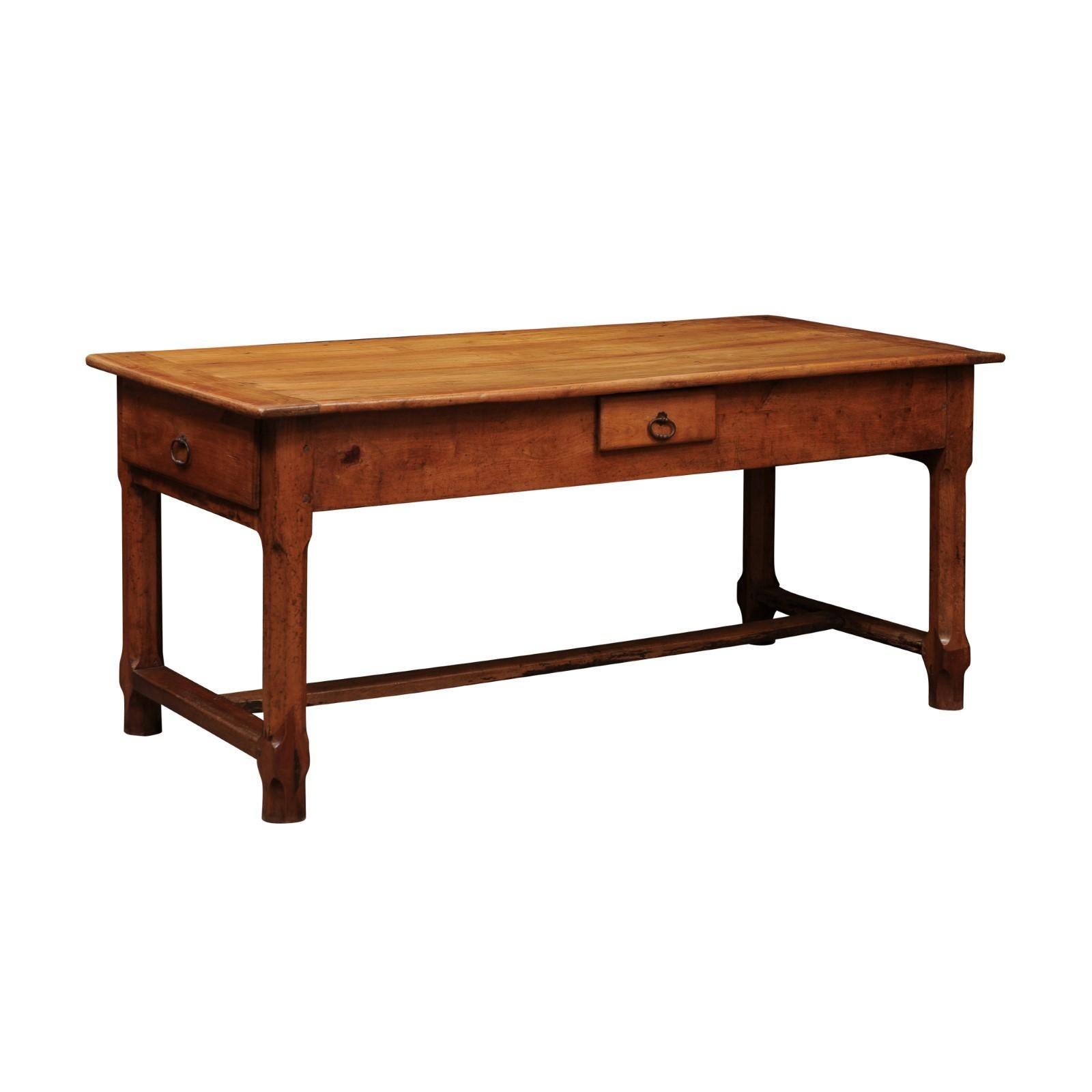 French Fruitwood Farm Table with 3 Drawers and H-Form Stretcher, 18th Century & later