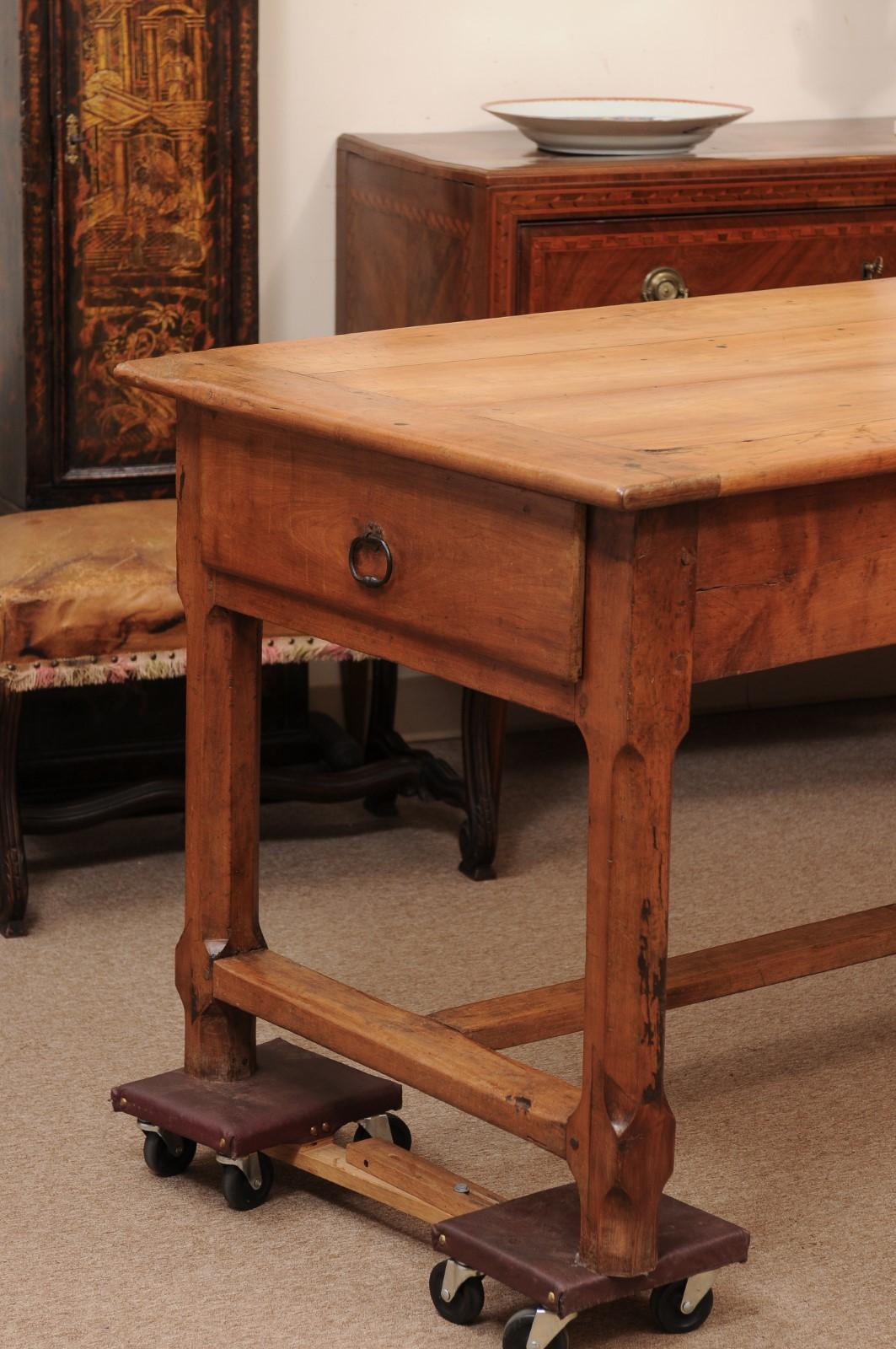 French Fruitwood Farm Table with 3 Drawers and H-Form Stretcher In Good Condition For Sale In Atlanta, GA