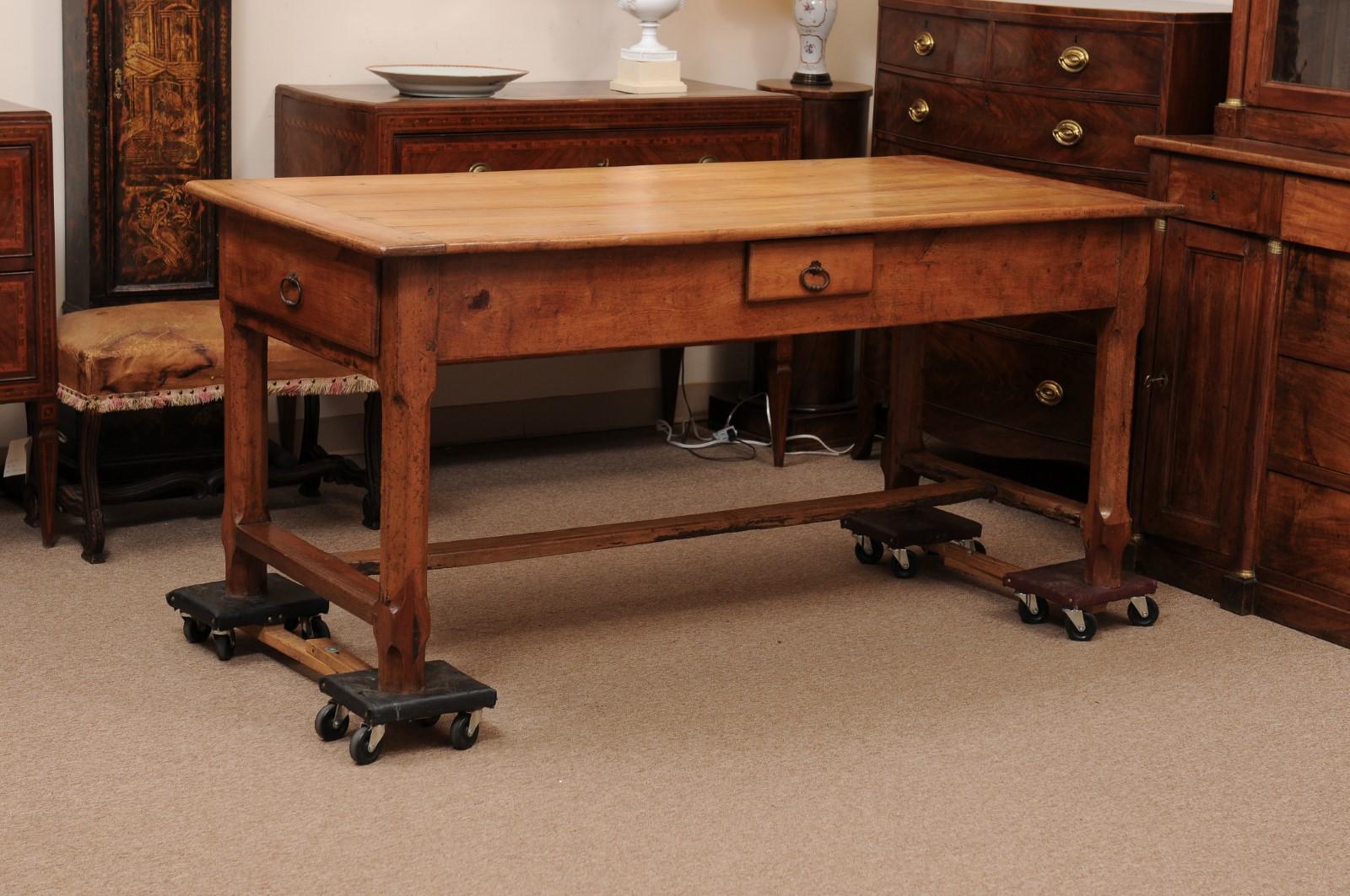 18th Century and Earlier French Fruitwood Farm Table with 3 Drawers and H-Form Stretcher For Sale