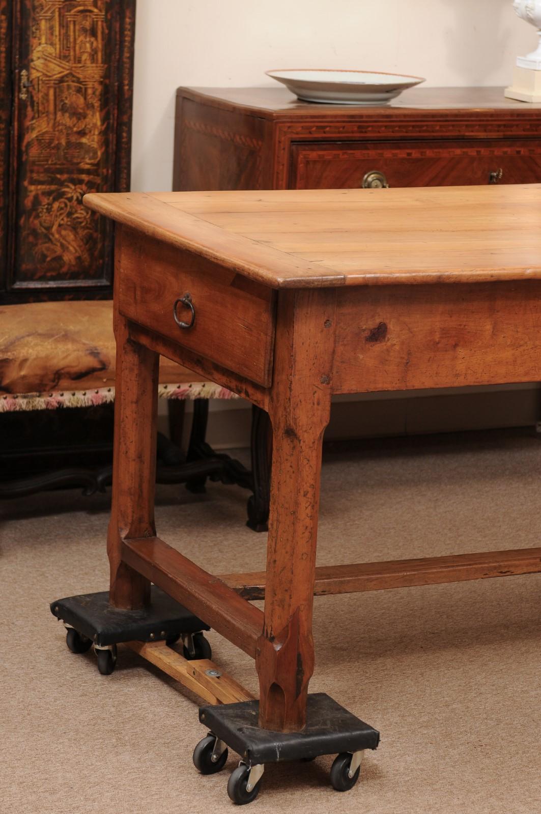 French Fruitwood Farm Table with 3 Drawers and H-Form Stretcher For Sale 1