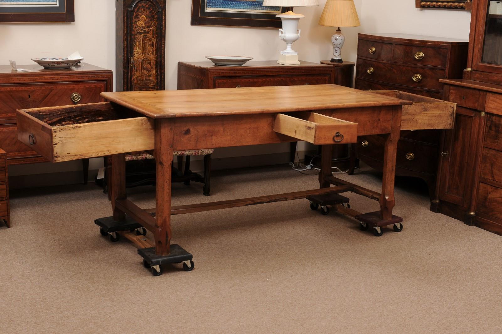 French Fruitwood Farm Table with 3 Drawers and H-Form Stretcher For Sale 2