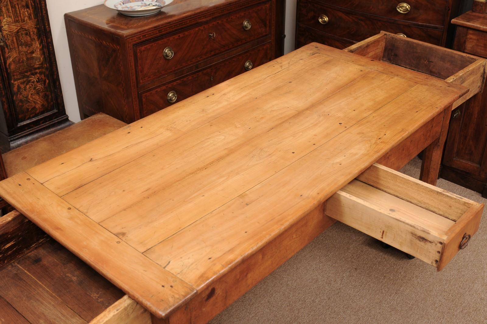 French Fruitwood Farm Table with 3 Drawers and H-Form Stretcher For Sale 3