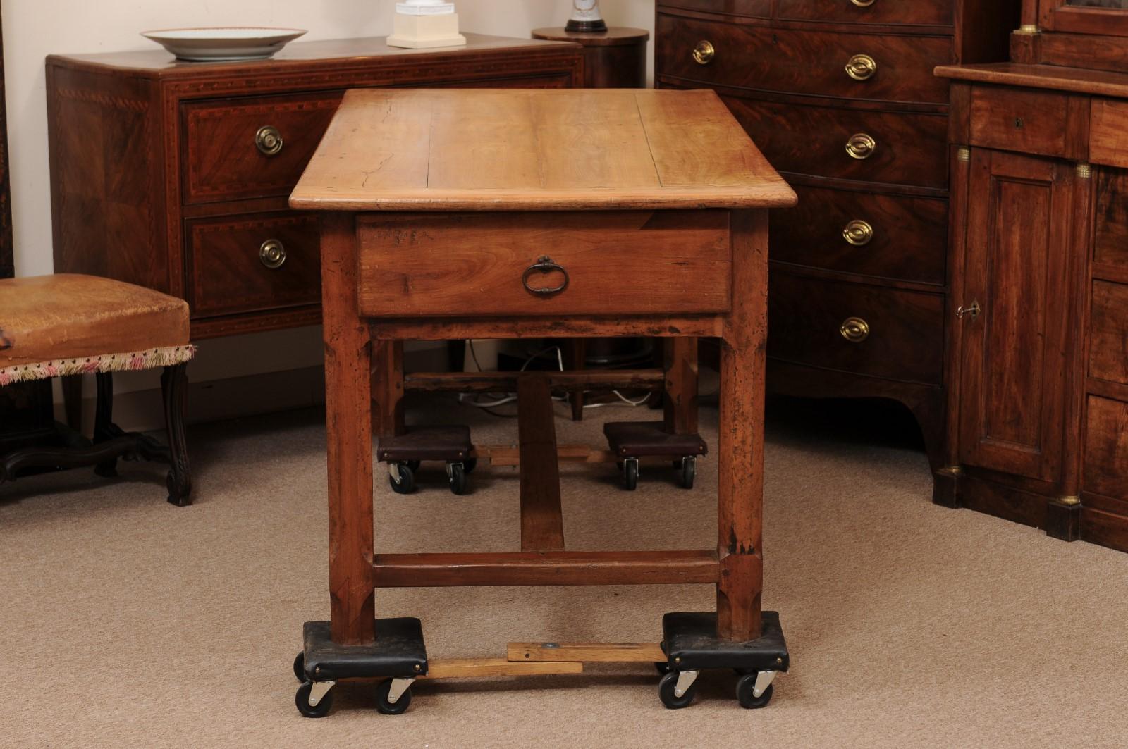 French Fruitwood Farm Table with 3 Drawers and H-Form Stretcher For Sale 4