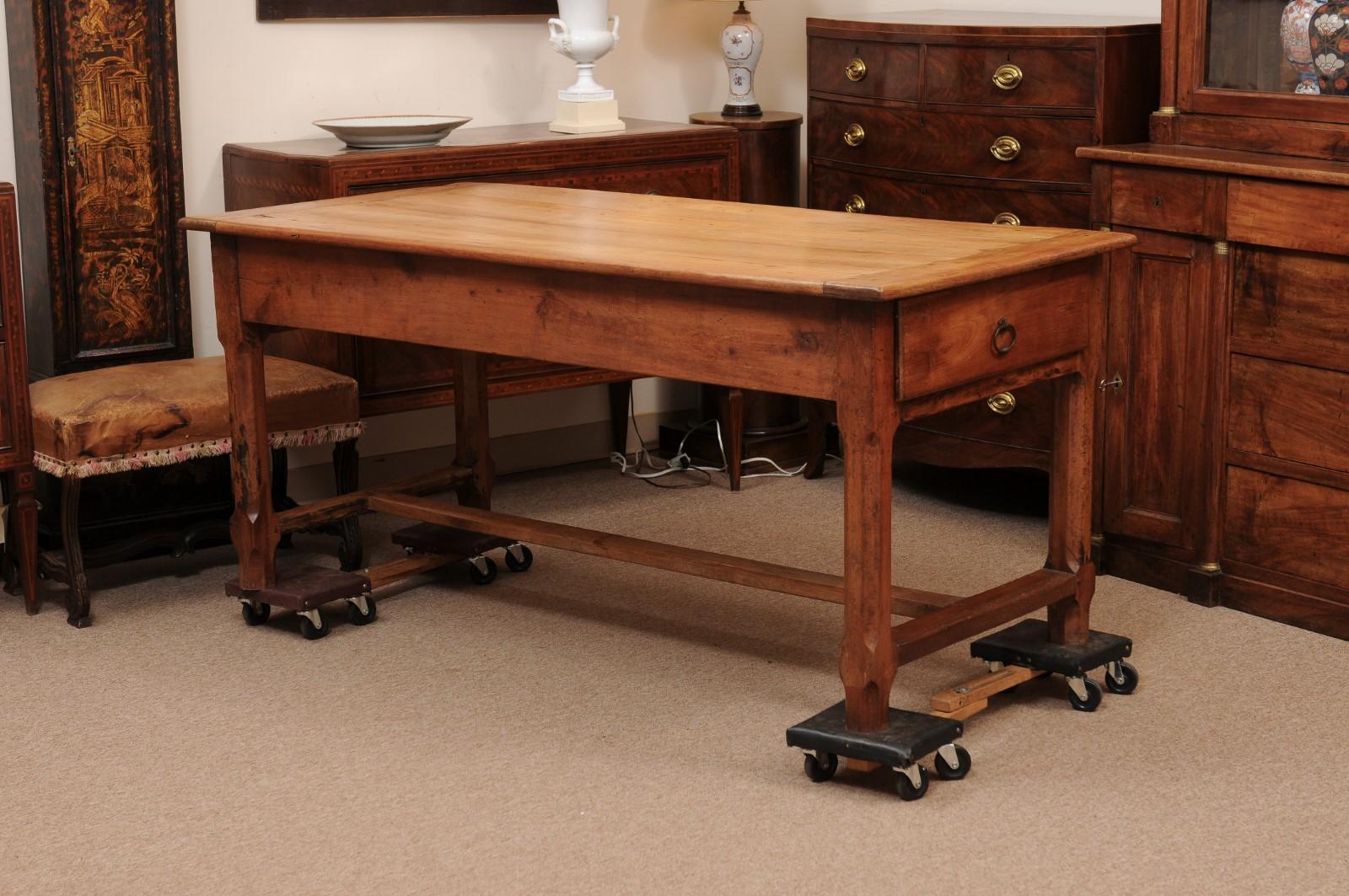 French Fruitwood Farm Table with 3 Drawers and H-Form Stretcher For Sale 5