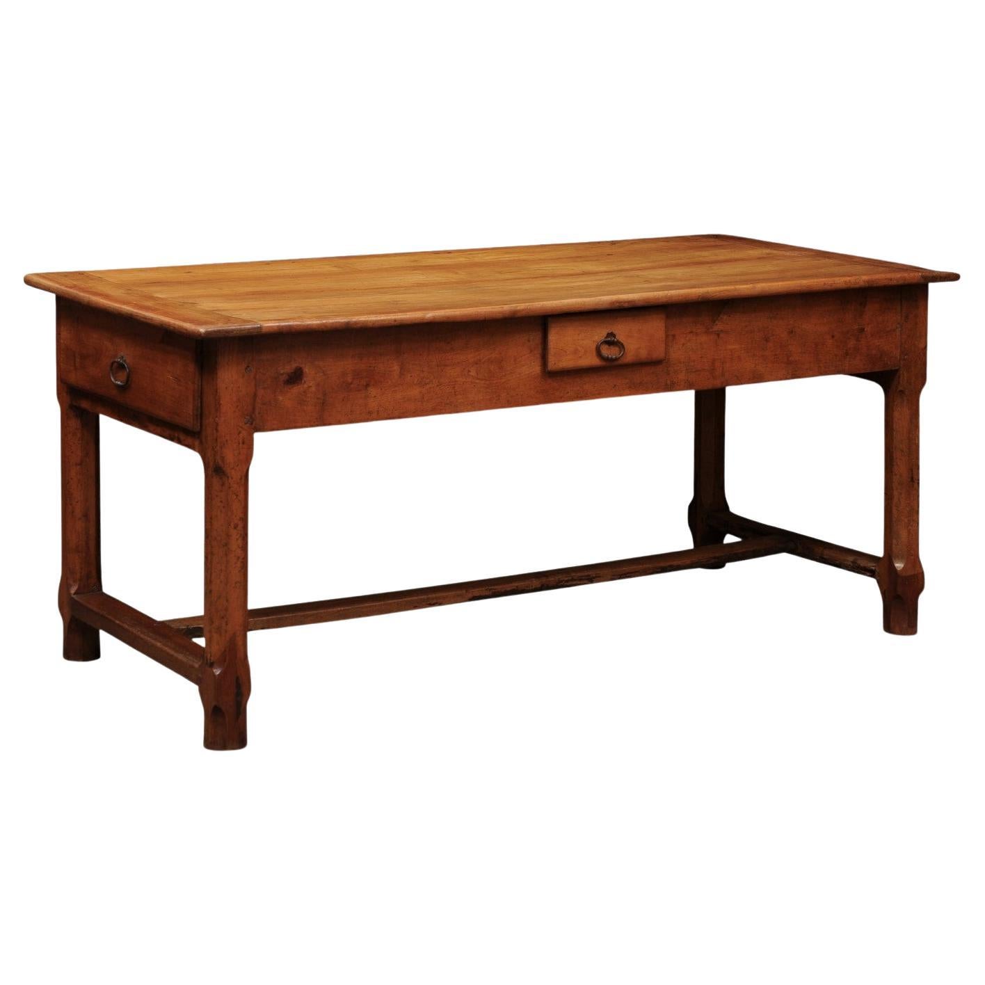 French Fruitwood Farm Table with 3 Drawers and H-Form Stretcher For Sale