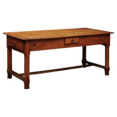 French Fruitwood Farm Table with 3 Drawers and H-Form Stretcher