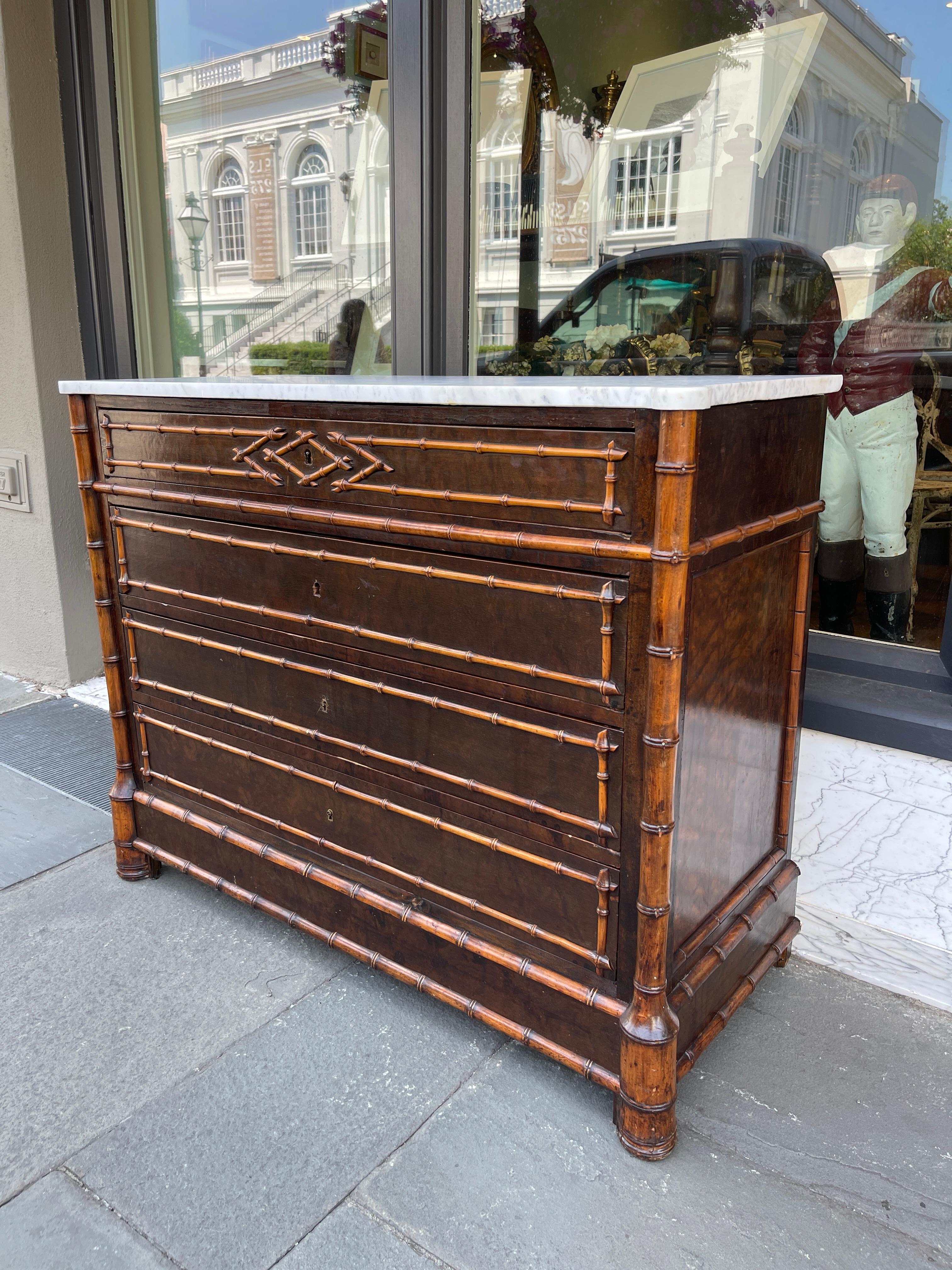 French Fruitwood Faux Bamboo Chest with White Marble Top, Early 20th Century  In Good Condition In Charleston, SC