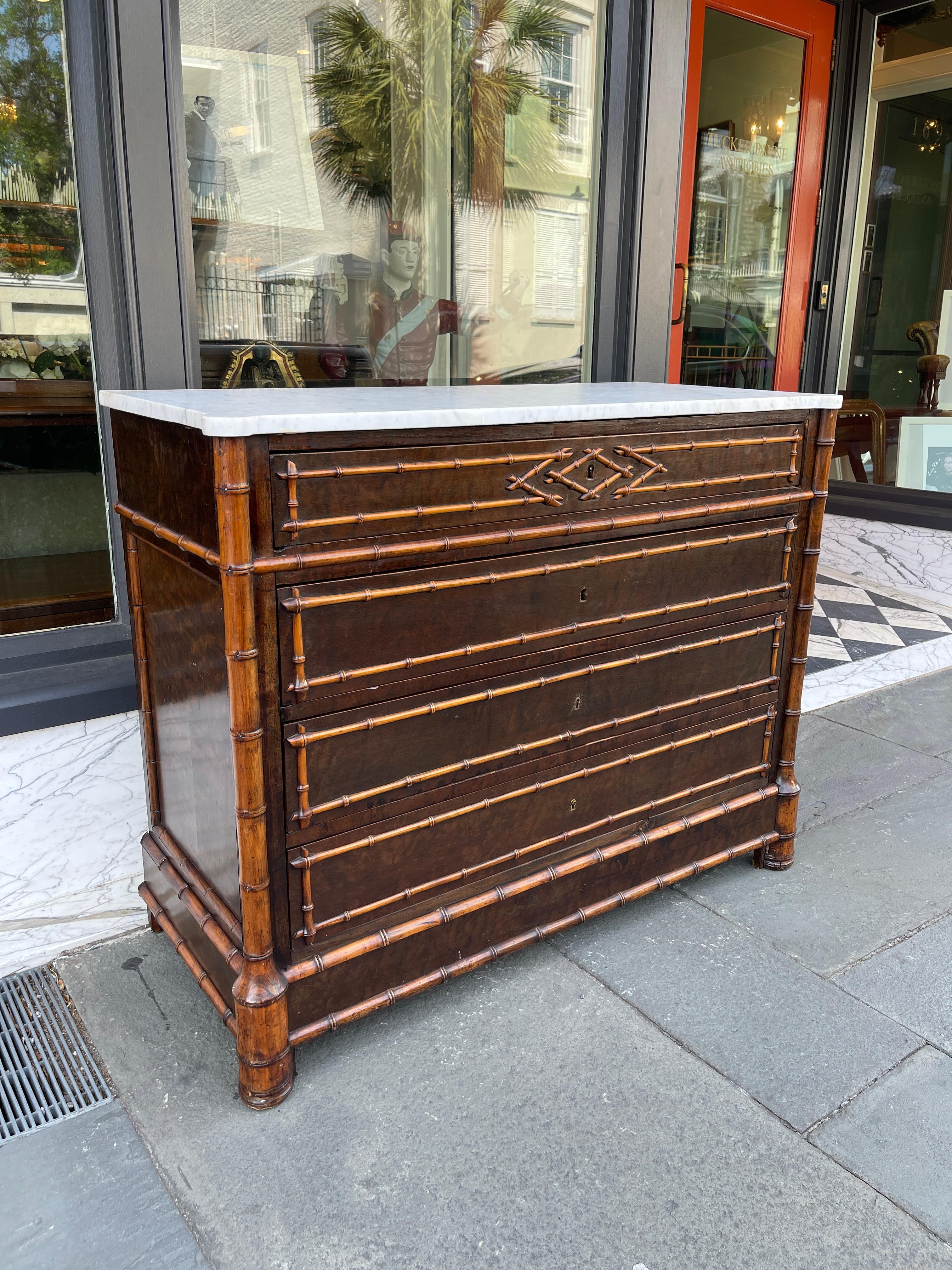 Cherry French Fruitwood Faux Bamboo Chest with White Marble Top, Early 20th Century
