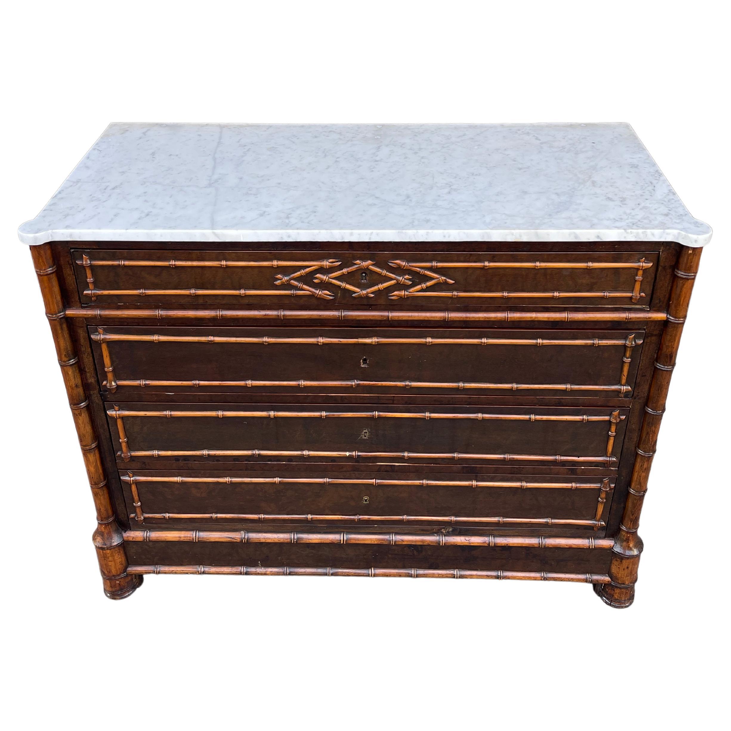 French Fruitwood Faux Bamboo Chest with White Marble Top, Early 20th Century 