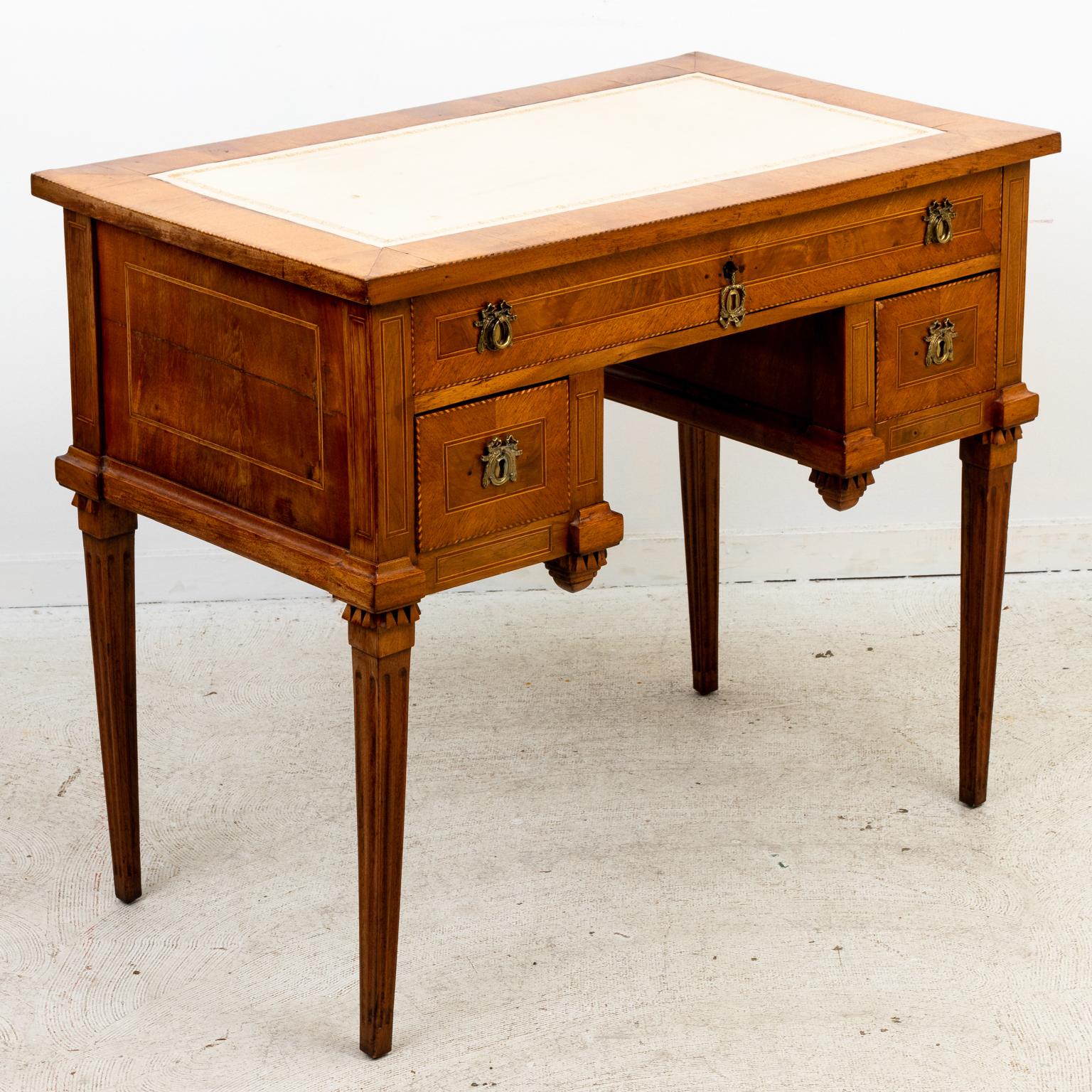 20th Century French Fruitwood Louis XVI Desk with White Embossed Leather Top