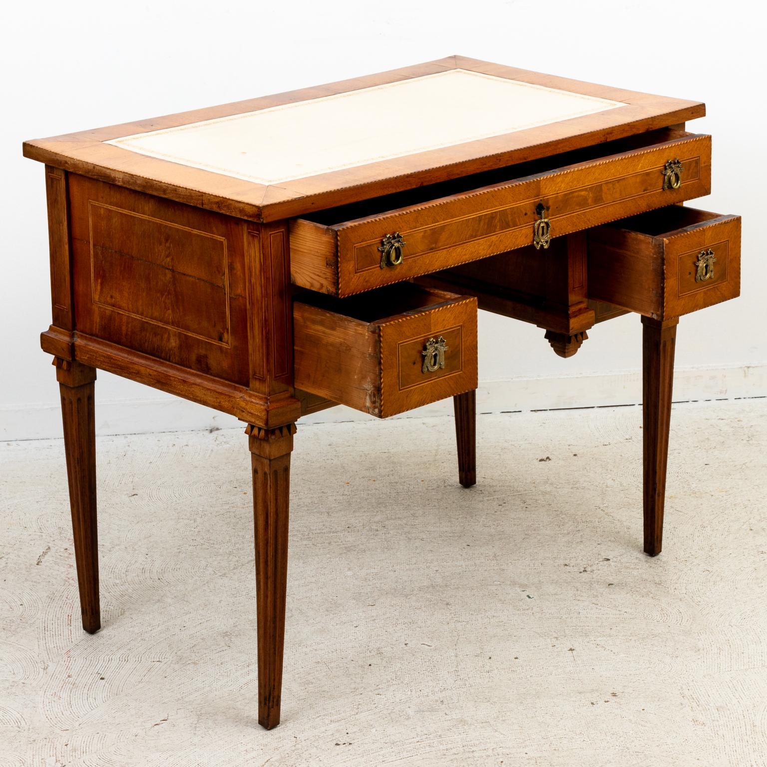 Metal French Fruitwood Louis XVI Desk with White Embossed Leather Top